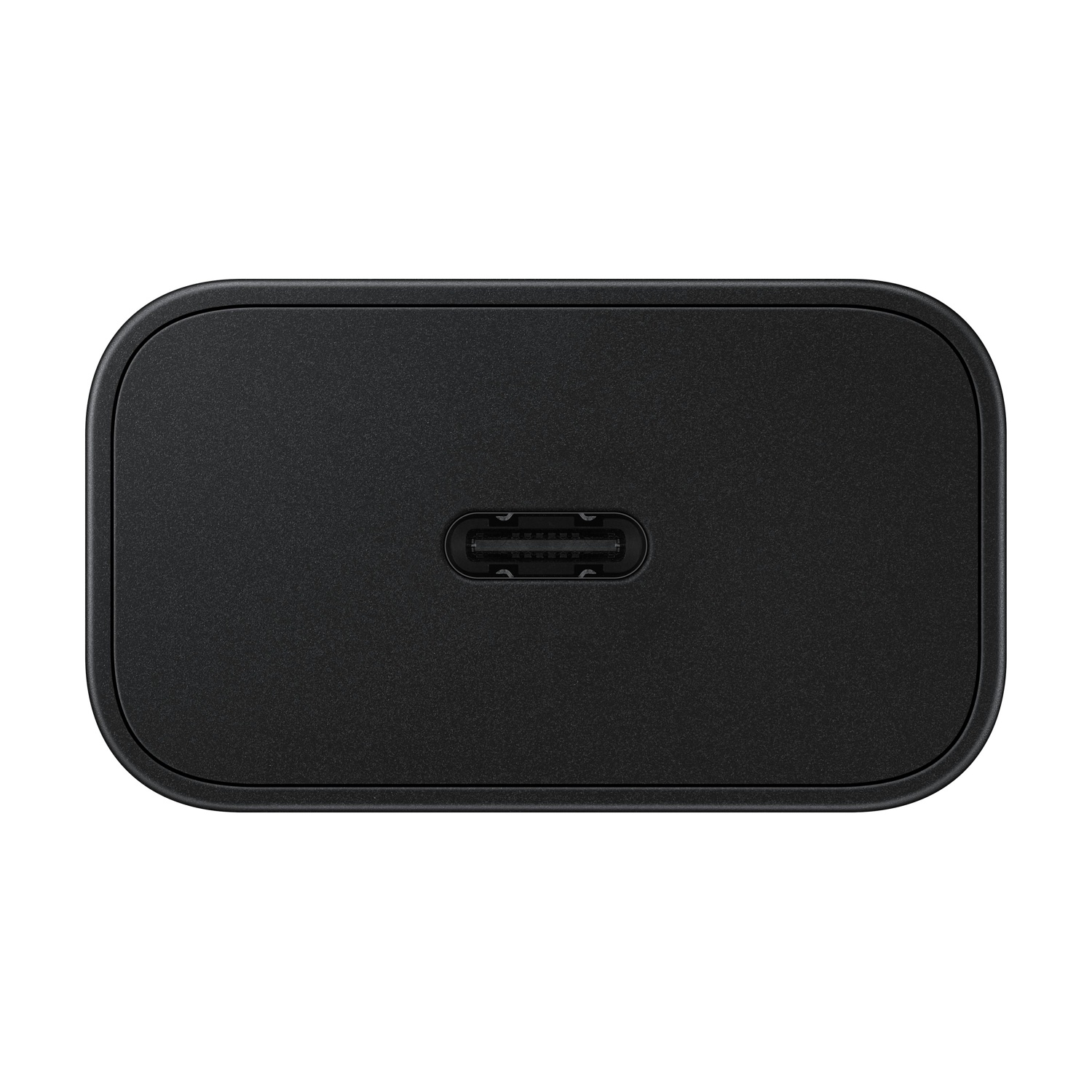 Caricatore nero con porta USB-C, vista ravvicinata.