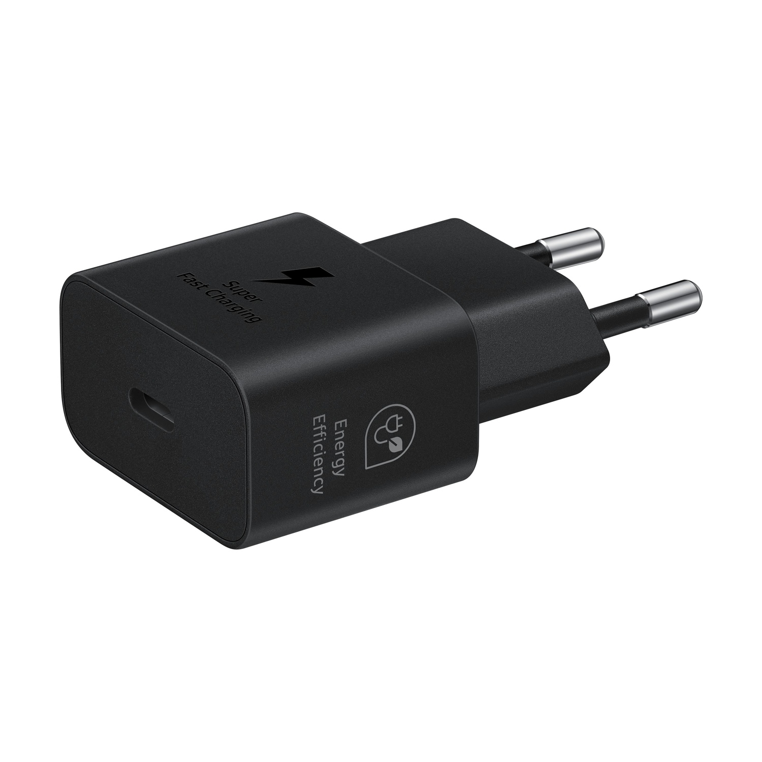 Caricatore nero con Super Fast Charging e simbolo di efficienza energetica.