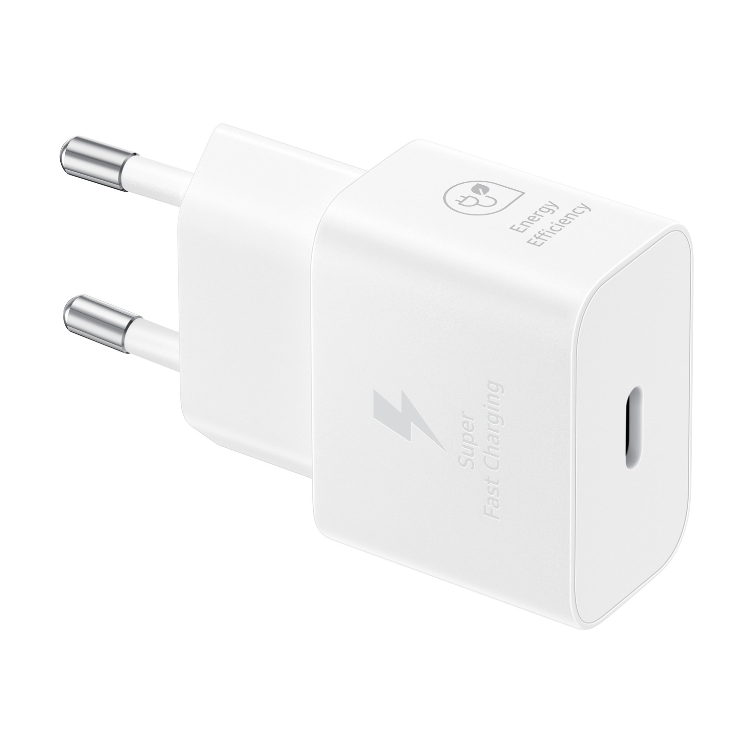 Caricabatterie rapido bianco con due pin metallici e porta USB-C.