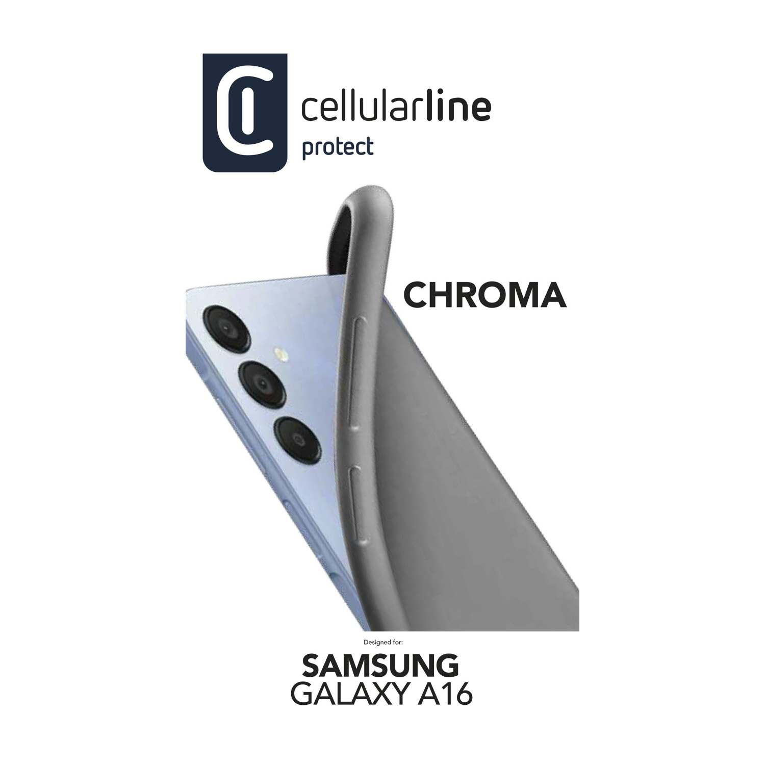 Custodia grigia per telefono con marchio Samsung Galaxy A16.