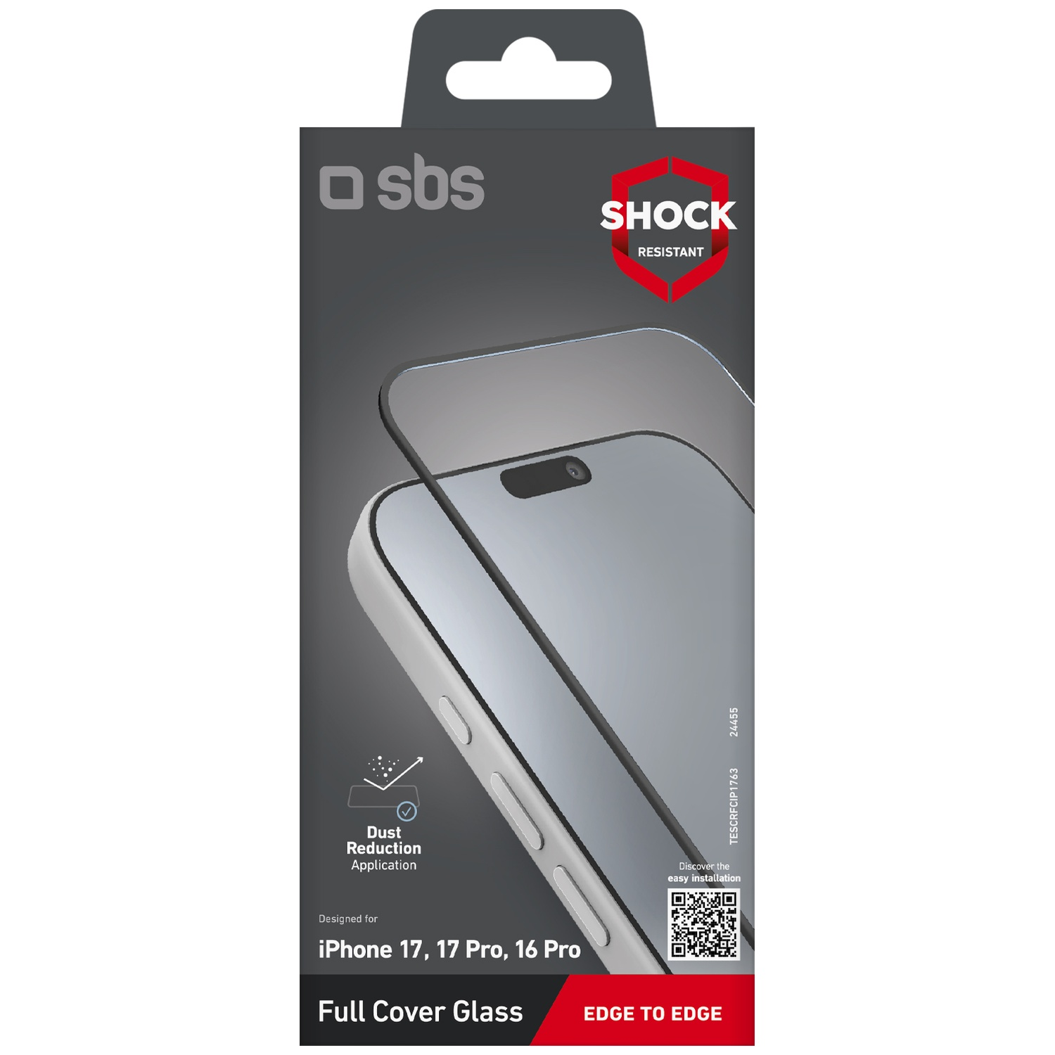 Emballage SBS Full Cover Glass pour iPhone 17, 17 Pro, 16 Pro. Résistant aux chocs.