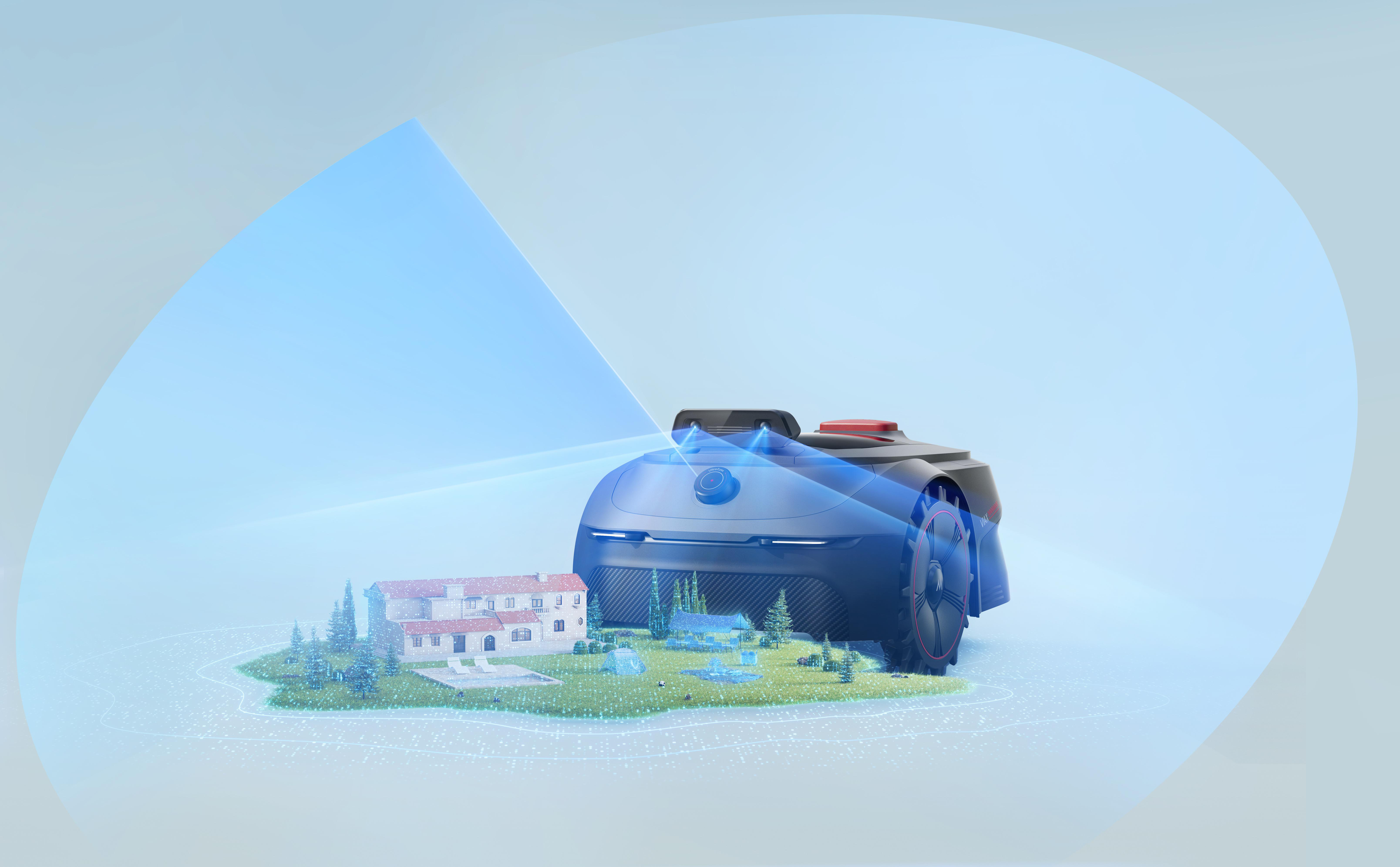 Ein Mähroboter scannt ein Modellhaus mit Garten und Pool. Blaue Linien zeigen den Scanbereich.