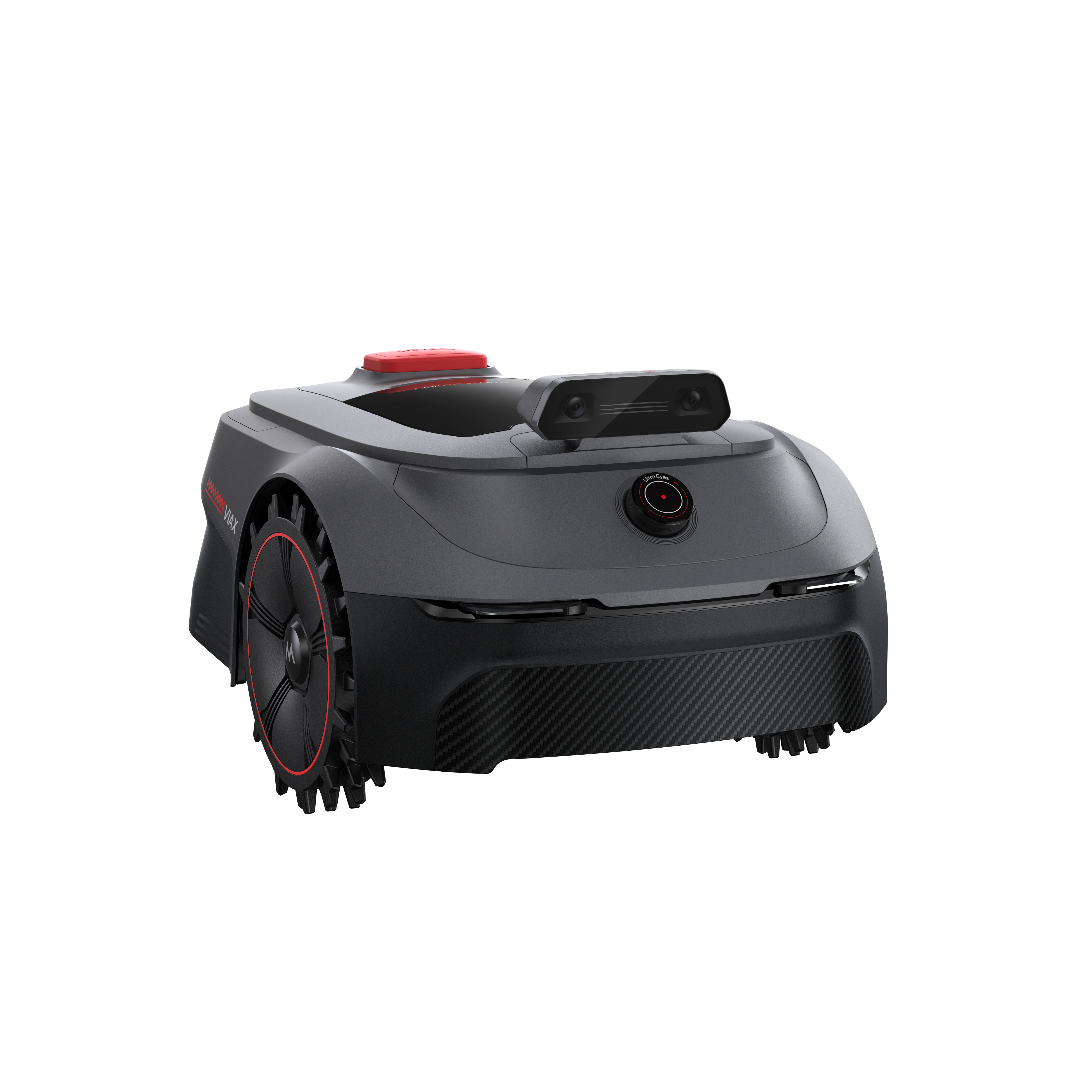 Ein grauer Rasenroboter mit rotem Knopf, Kamera und schwarzem Carbonmuster.