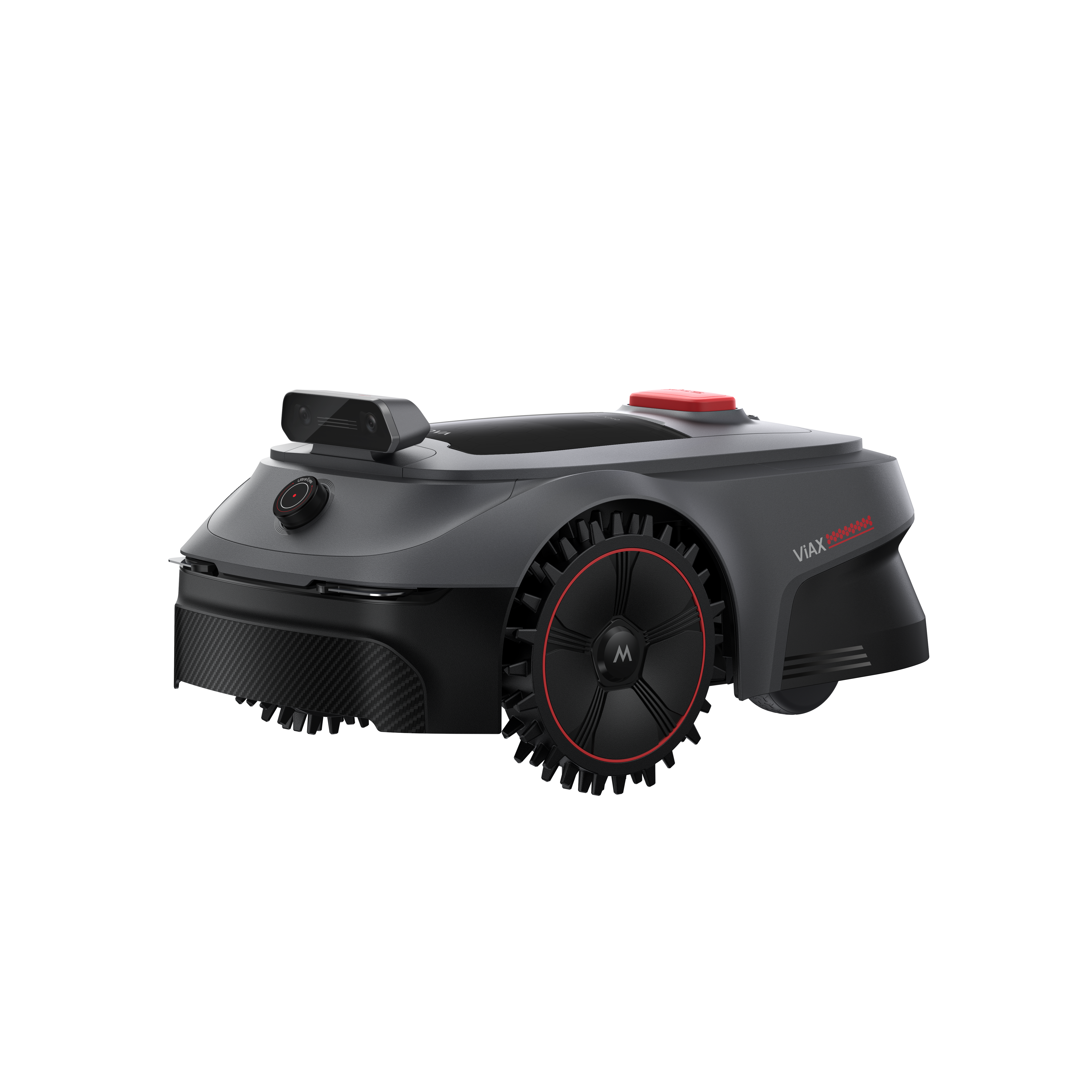 Ein grauer Mähroboter mit schwarzem Karbonmuster und roten Akzenten auf schwarzem Hintergrund.