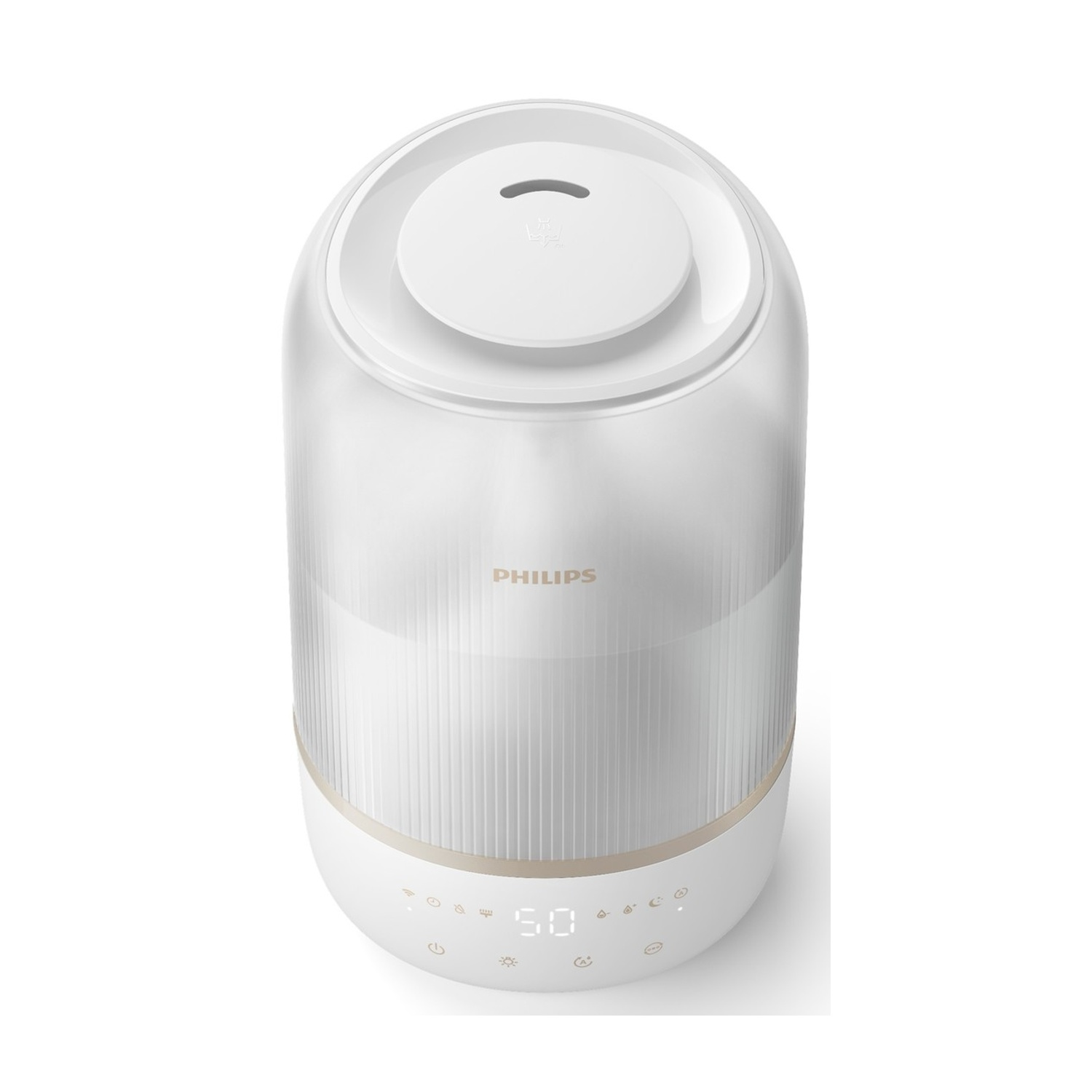 Un umidificatore Philips bianco con serbatoio trasparente e display digitale.