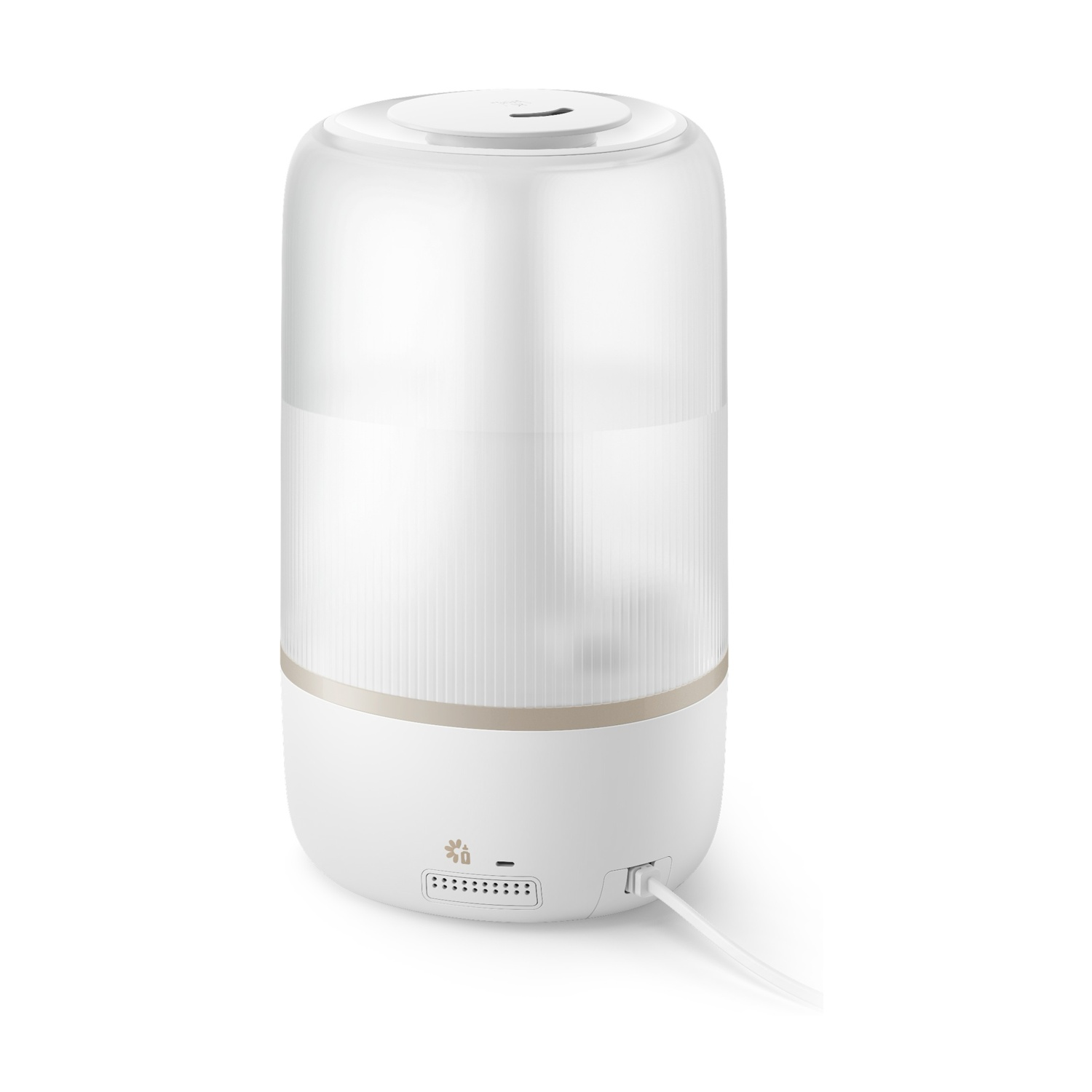 Un umidificatore bianco con illuminazione e pulsanti di controllo.