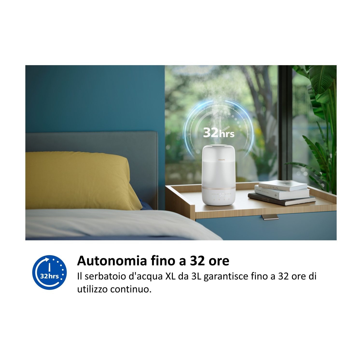 Umidificatore bianco su comodino accanto al letto. Vapore in salita. 32 ore.
