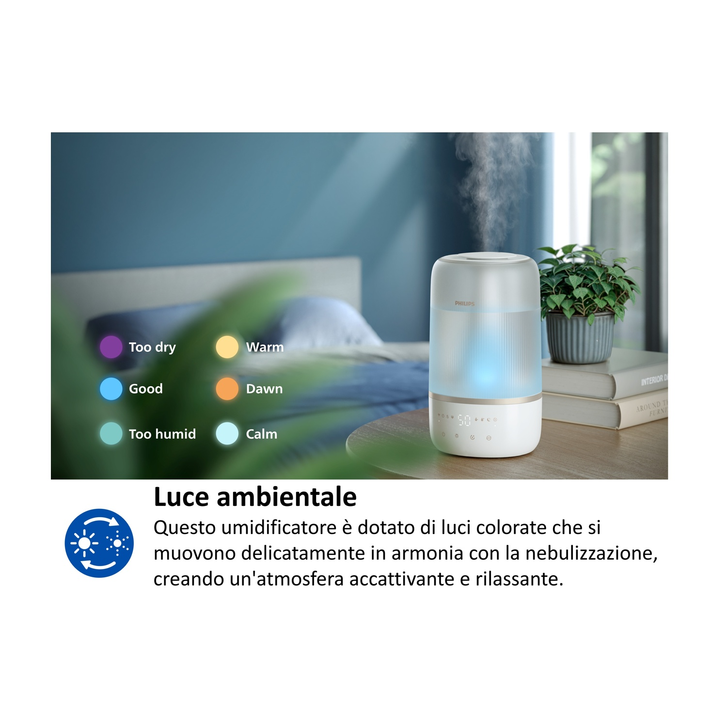 Un umidificatore bianco con luce blu e vapore, accanto a una pianta.
