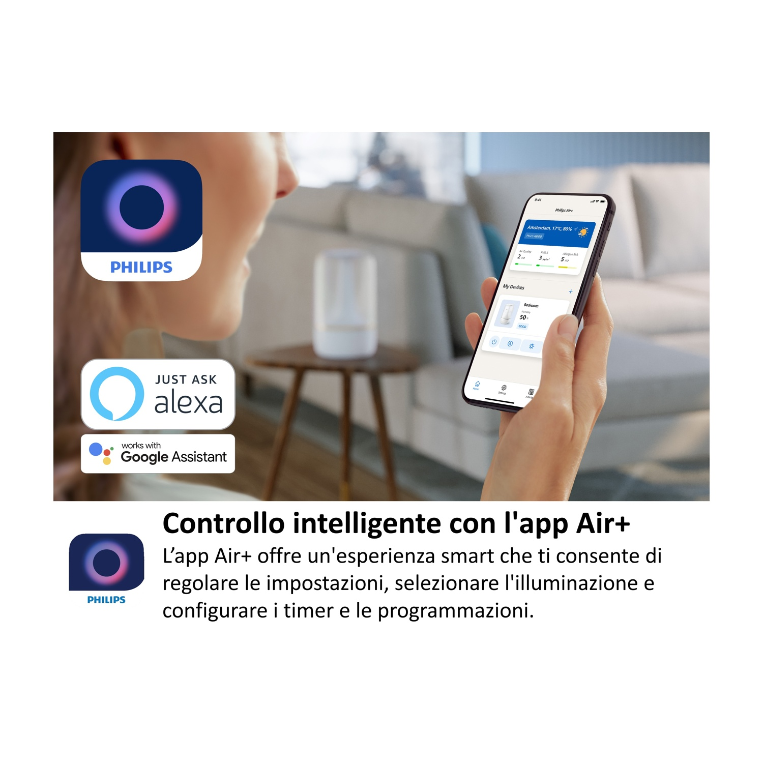 Logo Philips, loghi Alexa e Google Assistant, e telefono mostra app Air+.