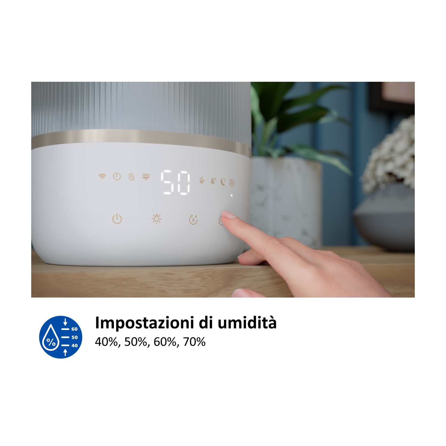 Una mano tocca un umidificatore bianco con display digitale.