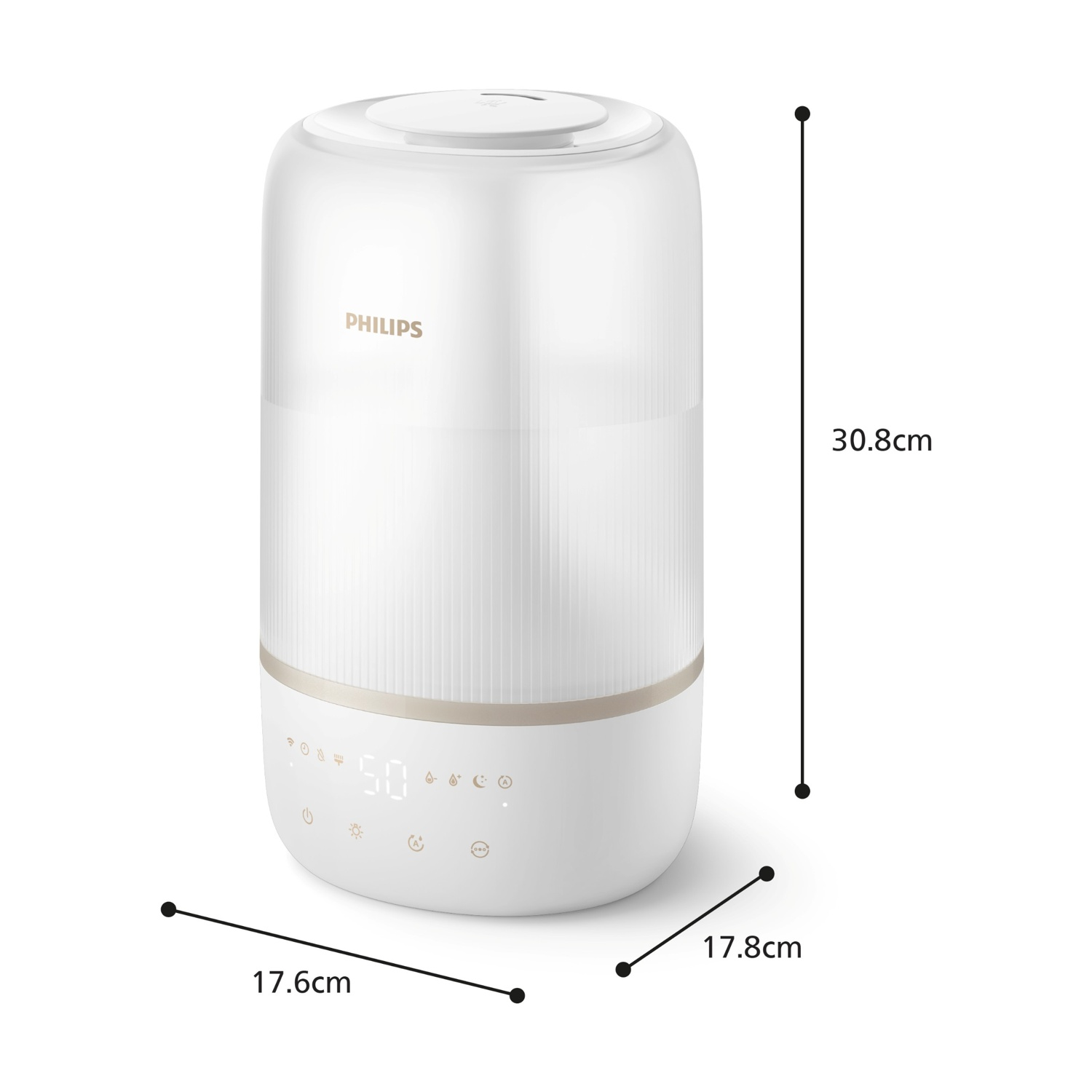Un umidificatore Philips bianco con controlli digitali e dimensioni.
