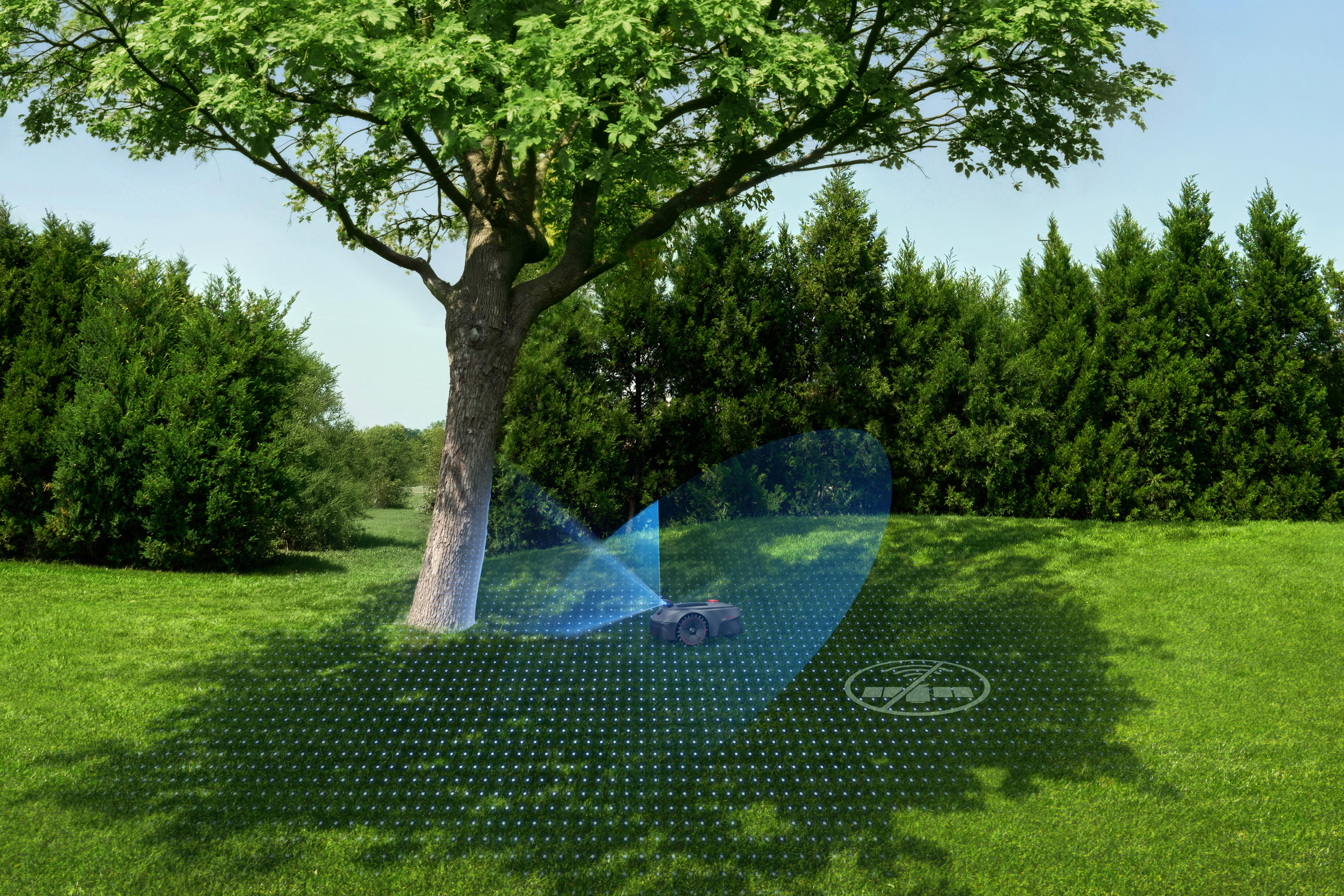 Ein Mähroboter mäht einen Rasen unter einem Baum, mit blauen Lichtern.