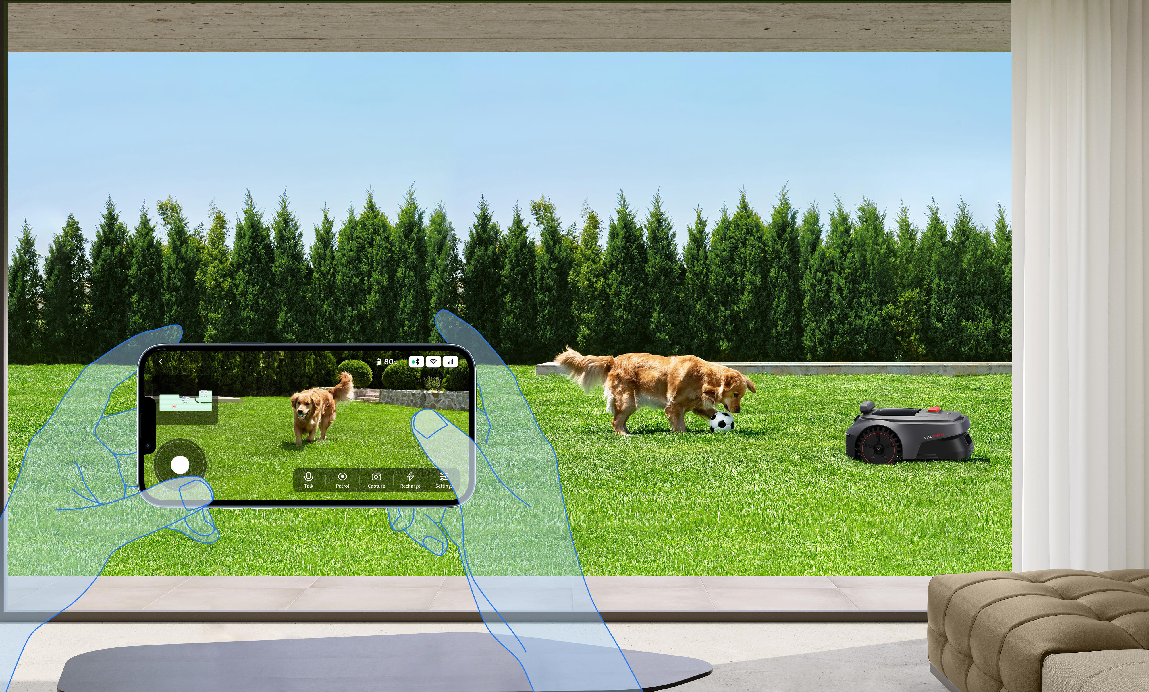 Golden Retriever spielt mit Ball, Mähroboter im Garten, Handy-Ansicht.