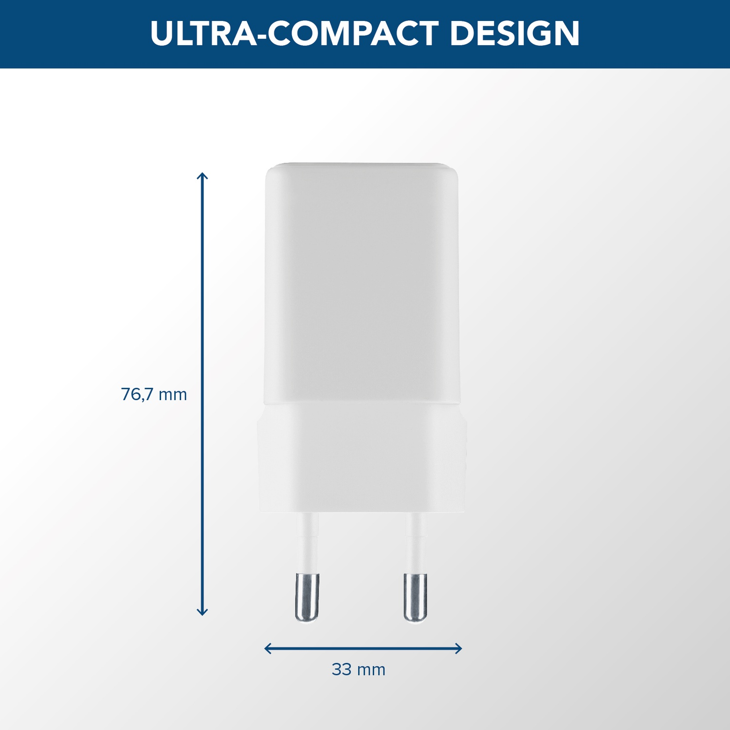 Adattatore di alimentazione bianco con dimensioni 76,7 mm x 33 mm.