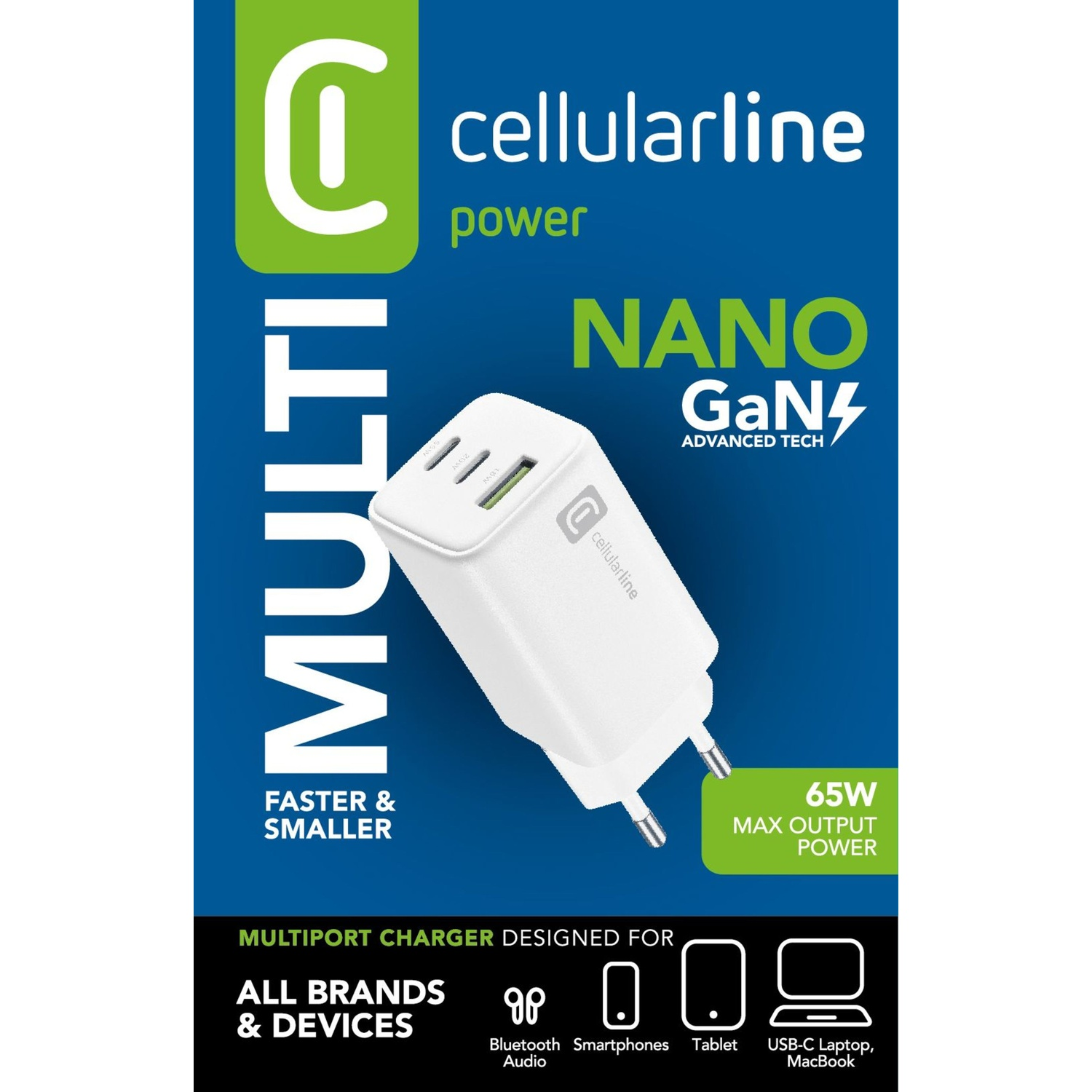 Un caricatore bianco Cellularline Nano GaN da 65W con due porte USB.