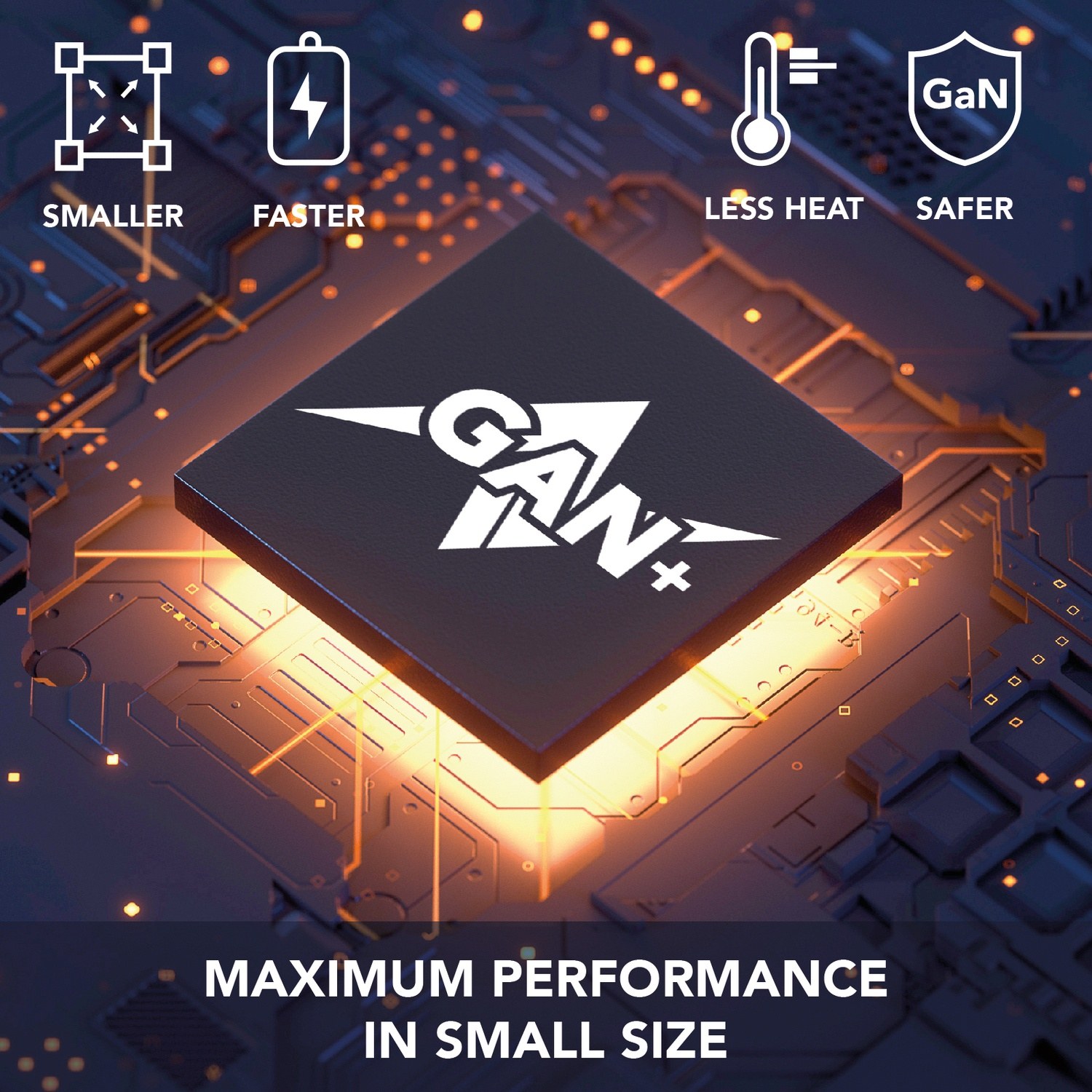 Un chip con logo GaN, più piccolo, più veloce, meno calore, più sicuro.
