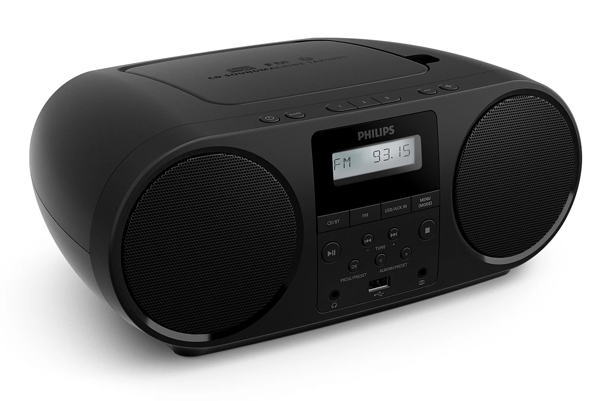 Czarny przenośny radioodtwarzacz CD Philips z głośnikami i wyświetlaczem.