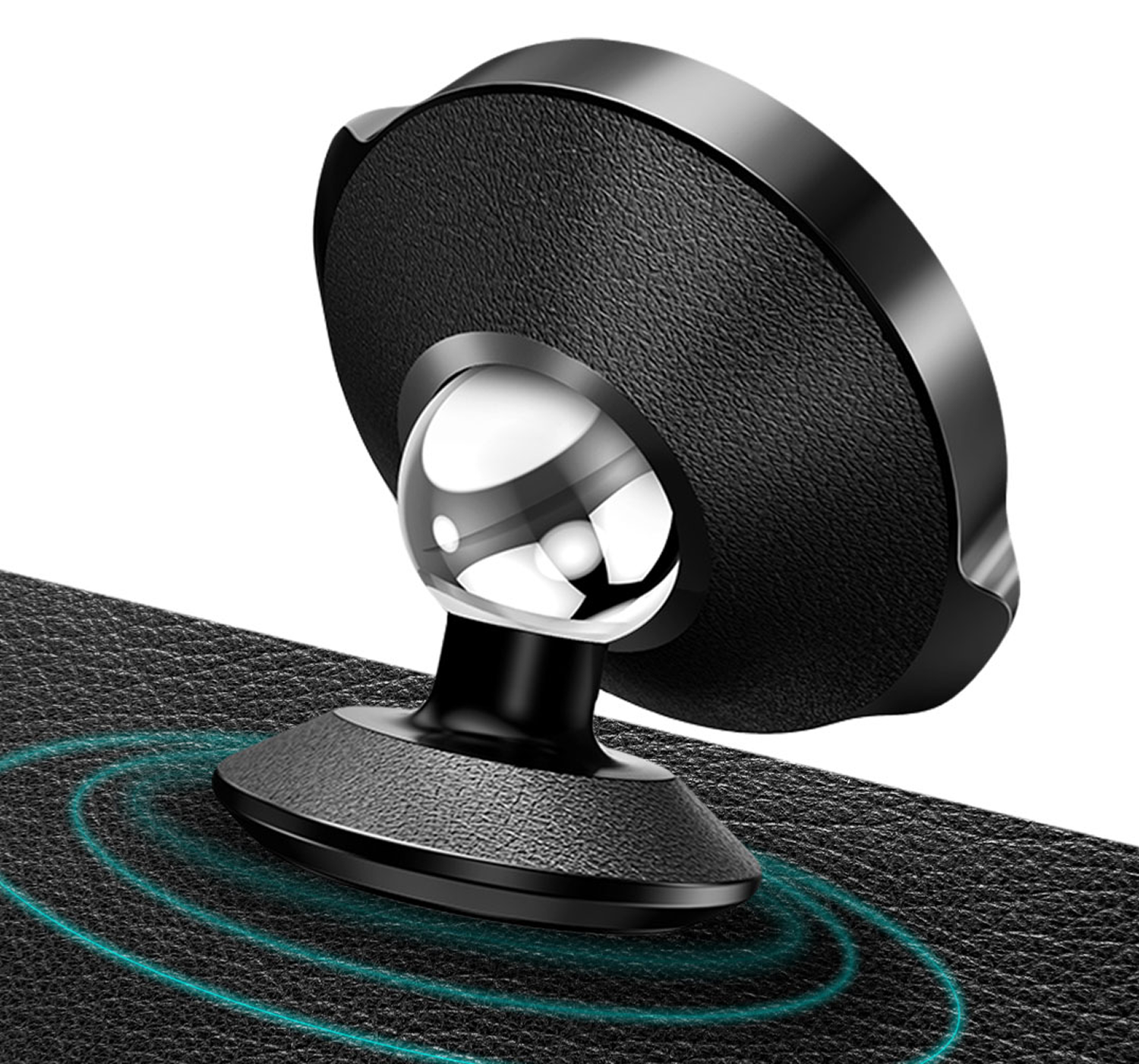 Base negra magnética para soporte de teléfono en superficie texturizada negra.