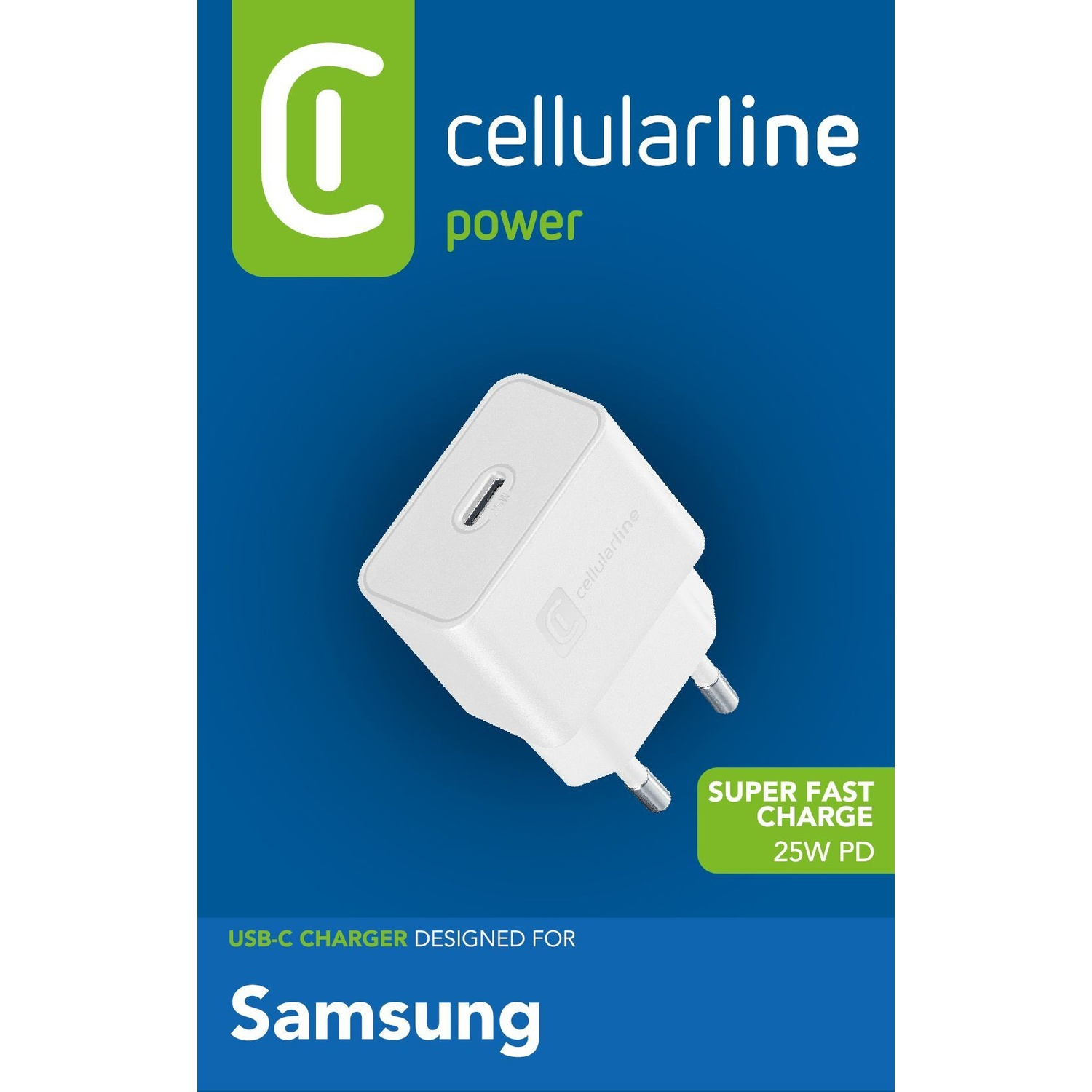 Caricatore USB-C bianco 25W PD per Samsung, con logo.