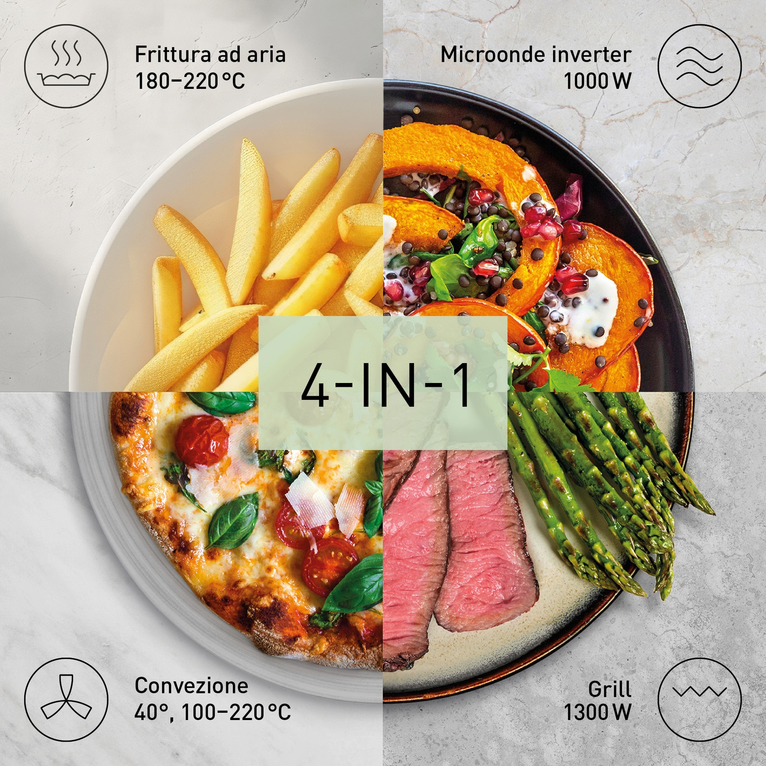 Quattro piatti: patatine, zucca, pizza, bistecca. Funzione 4-in-1.