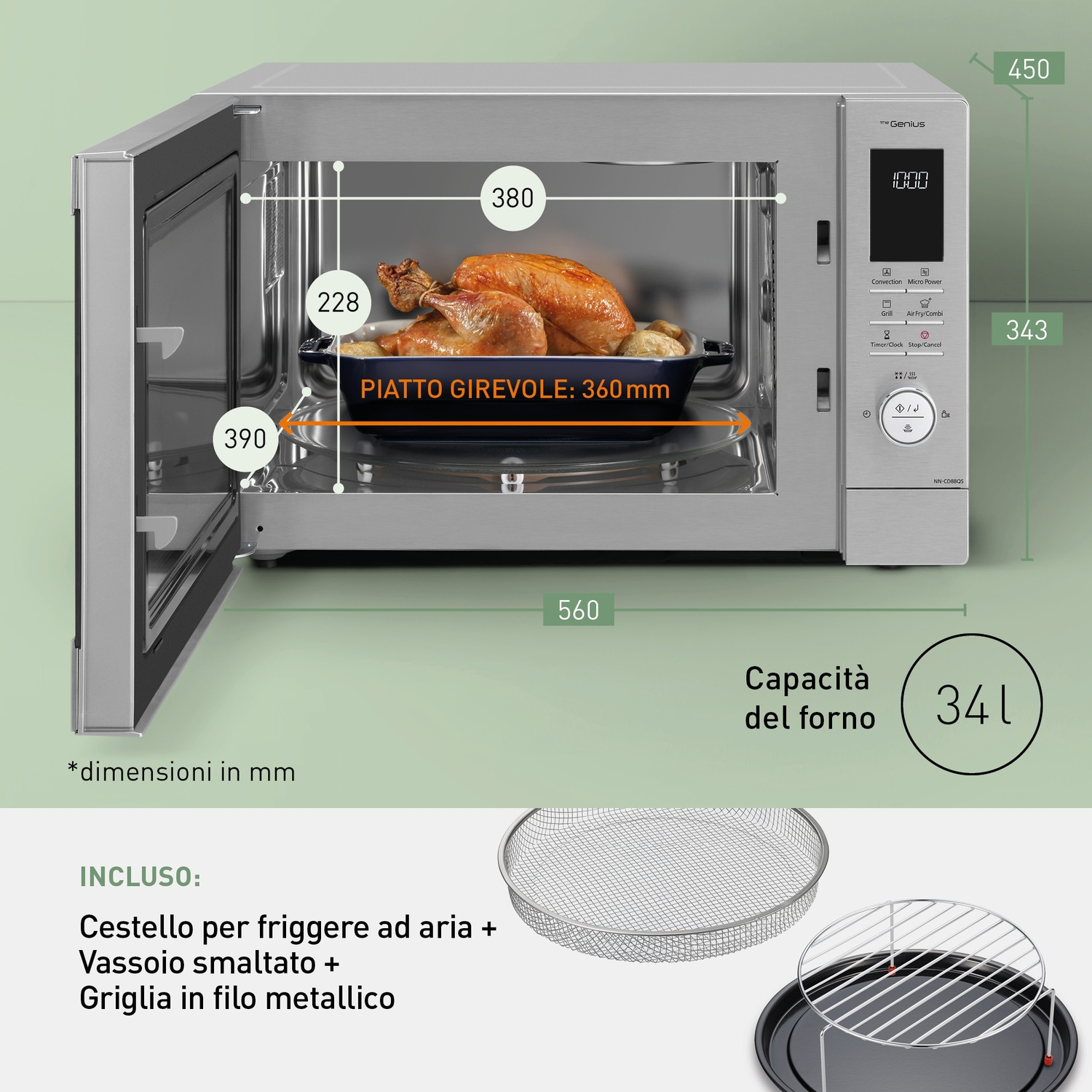 Un forno argentato con pollo arrosto all'interno e dimensioni indicate.