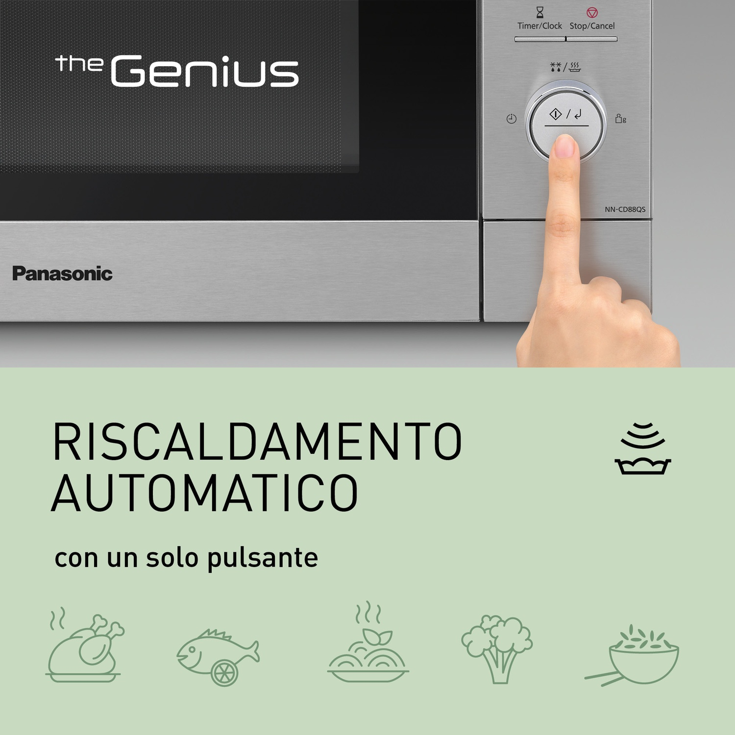 Forno a microonde Panasonic con dito che preme la manopola. Testo: The Genius, Riscaldamento Automatico.
