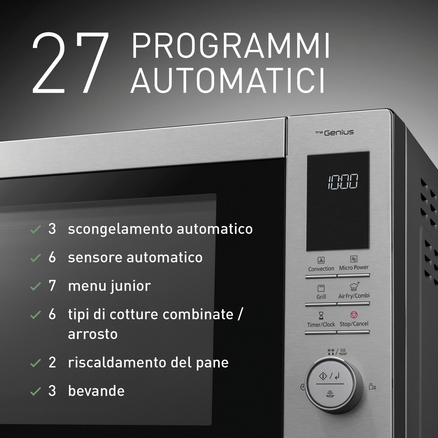 Un moderno forno a microonde argentato con display digitali e pulsanti.