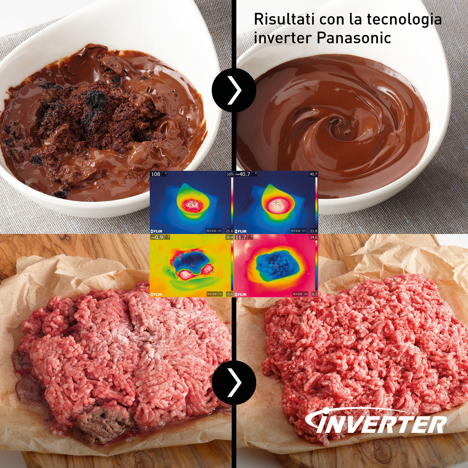 Confronto prima/dopo di cioccolato e carne macinata con tecnologia inverter.