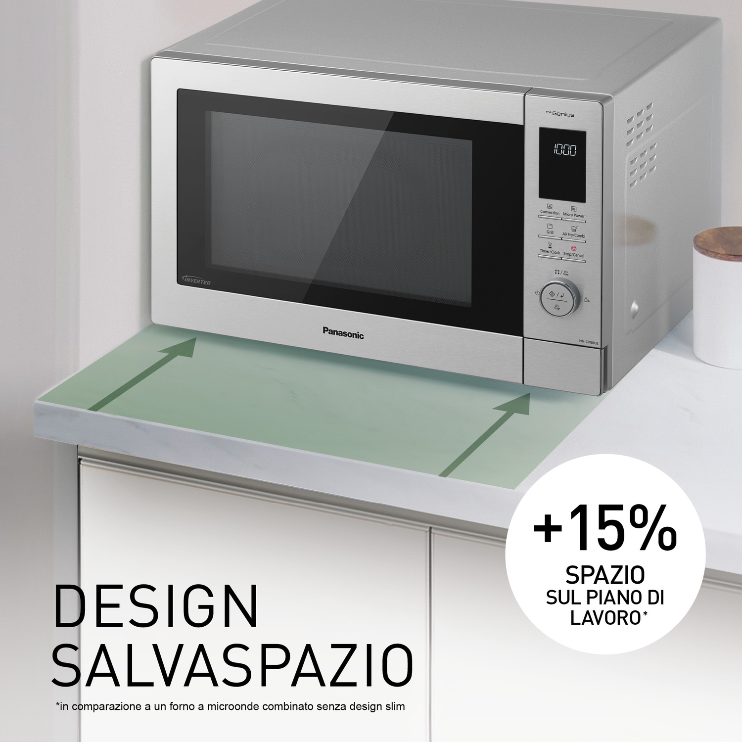 Un microonde Panasonic argentato con controlli touch e un ripiano estensibile.