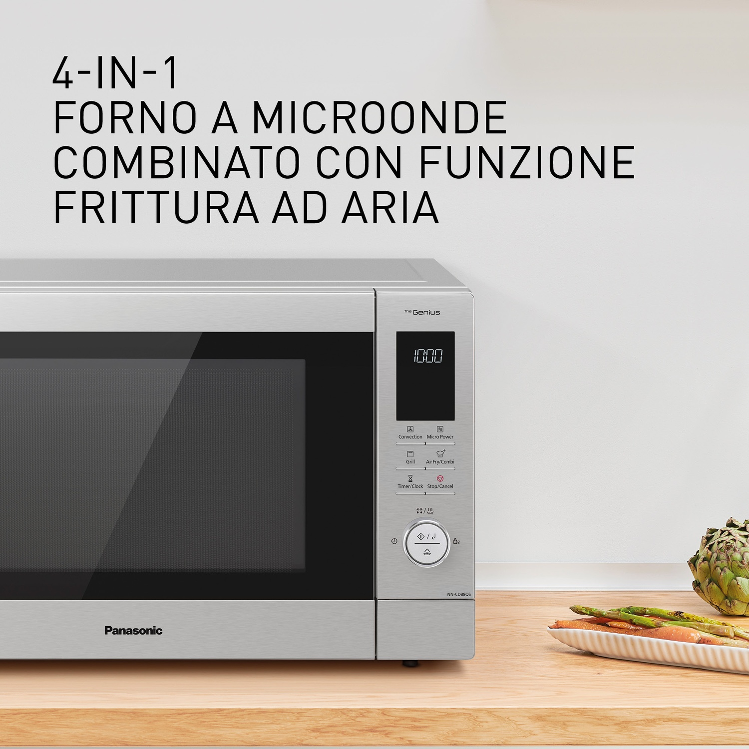 Forno a microonde combinato Panasonic argentato 4 in 1 con display e controlli.
