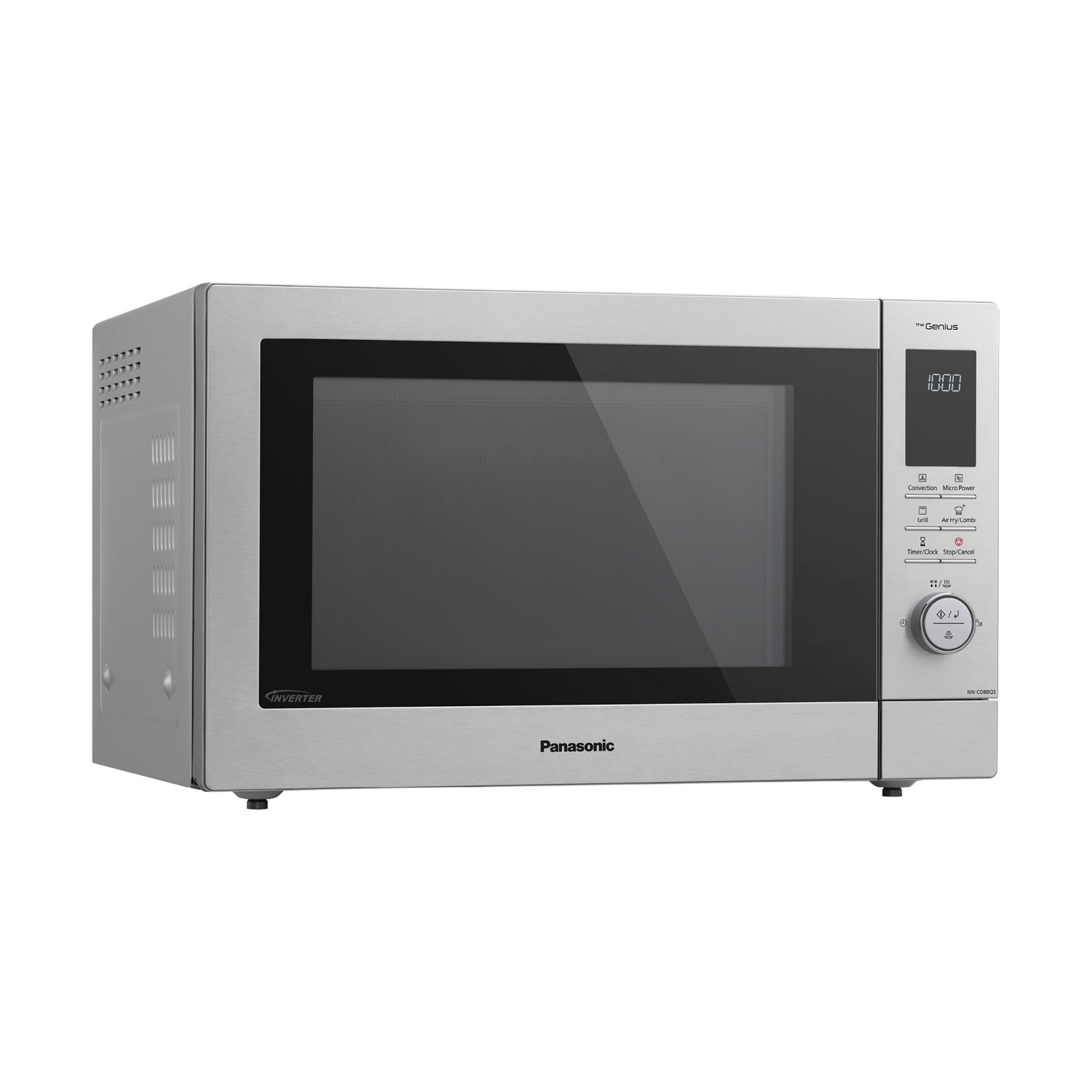 Forno a microonde Panasonic argento con porta nera e display digitale.