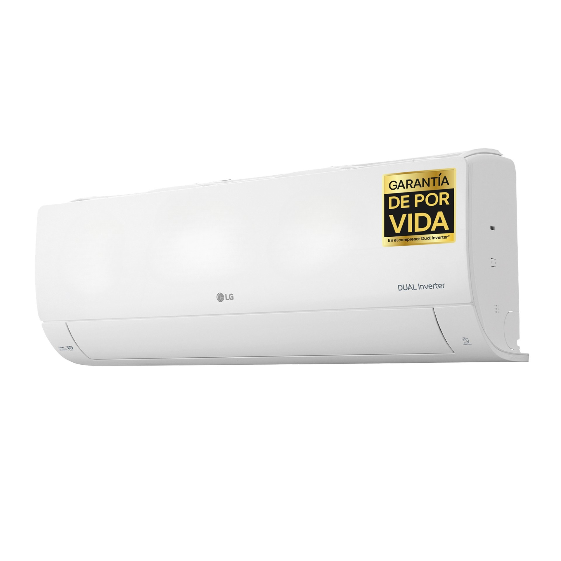 Un aire acondicionado LG blanco con etiqueta dorada de garantía.