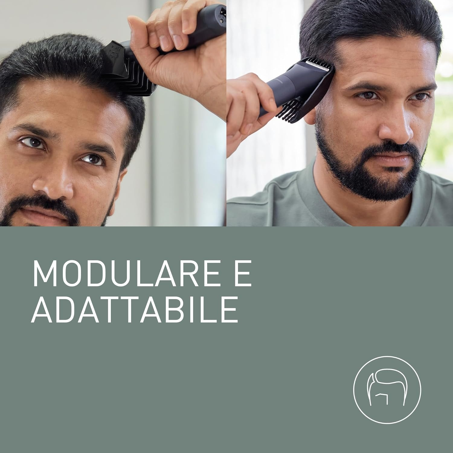 Uomo si taglia i capelli con il tagliacapelli. Testo: MODULARE E ADATTABILE.