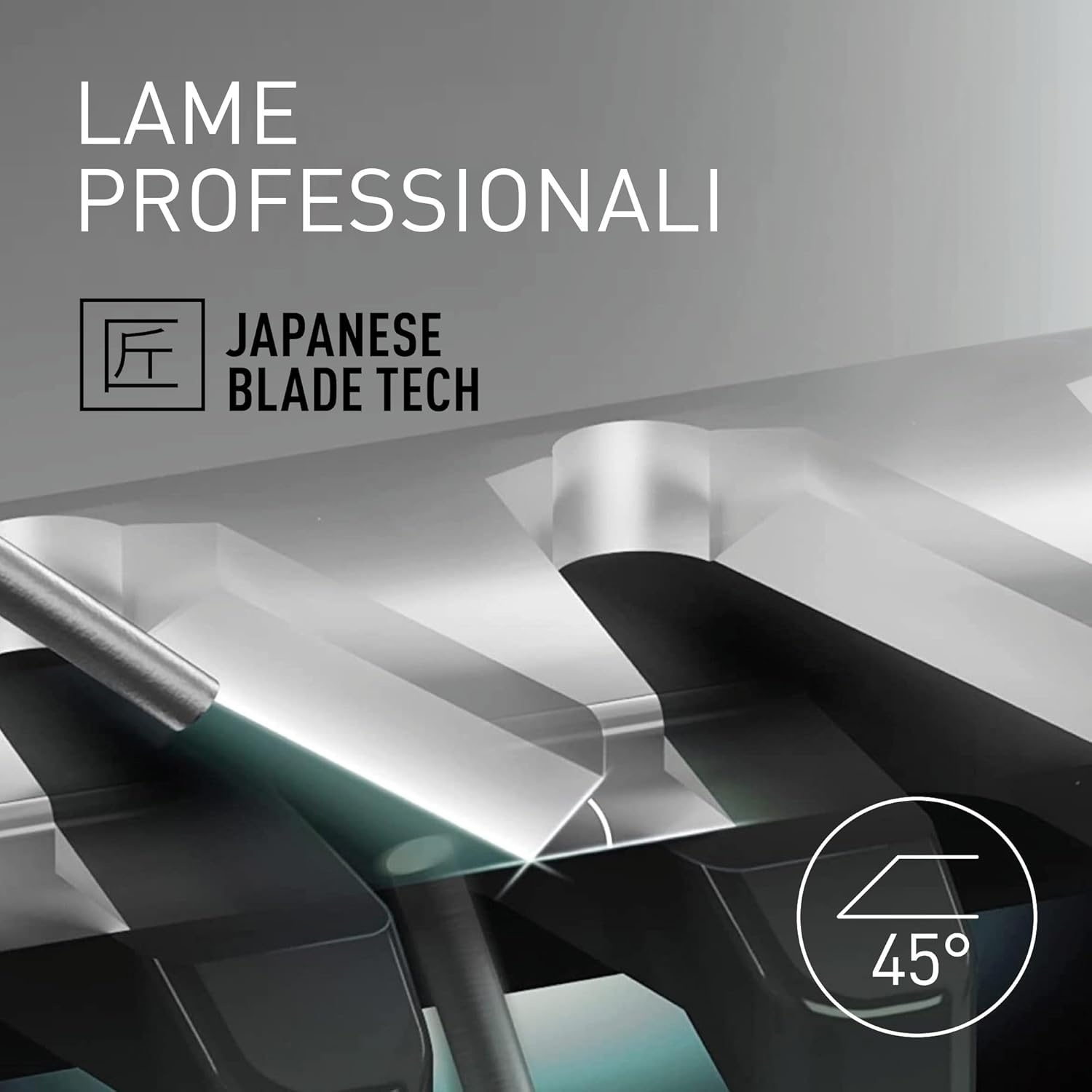 Primo piano di una lama a 45 gradi. Testo: LAME PROFESSIONALI, JAPANESE BLADE TECH.