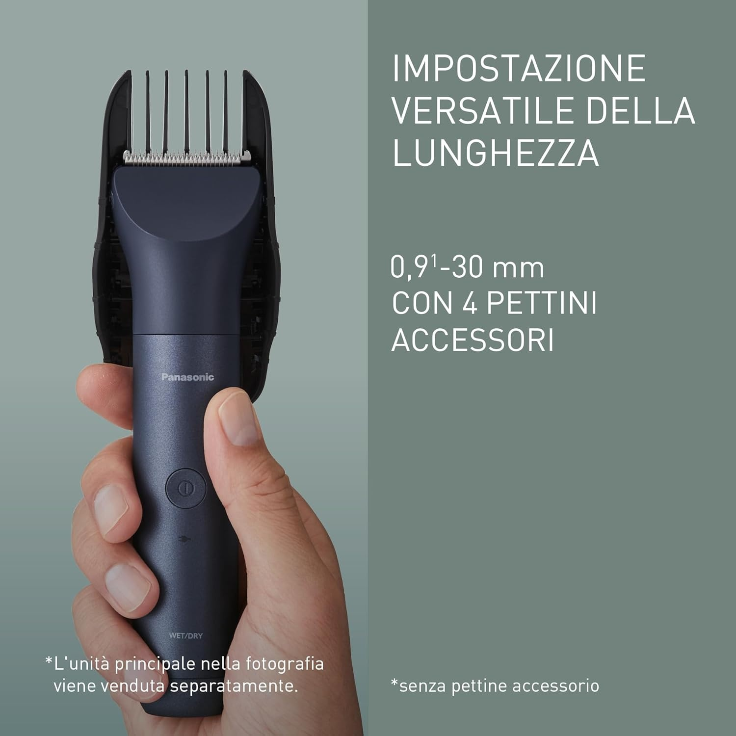 Un rifinitore Panasonic con accessorio tenuto in mano. Impostazione lunghezza versatile.