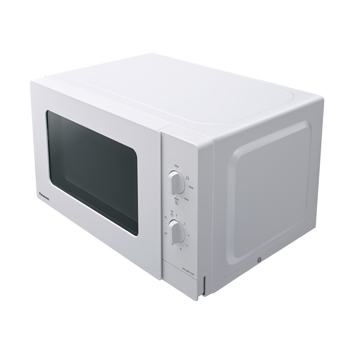 Un microonde bianco Panasonic con manopole rotanti per potenza e tempo.