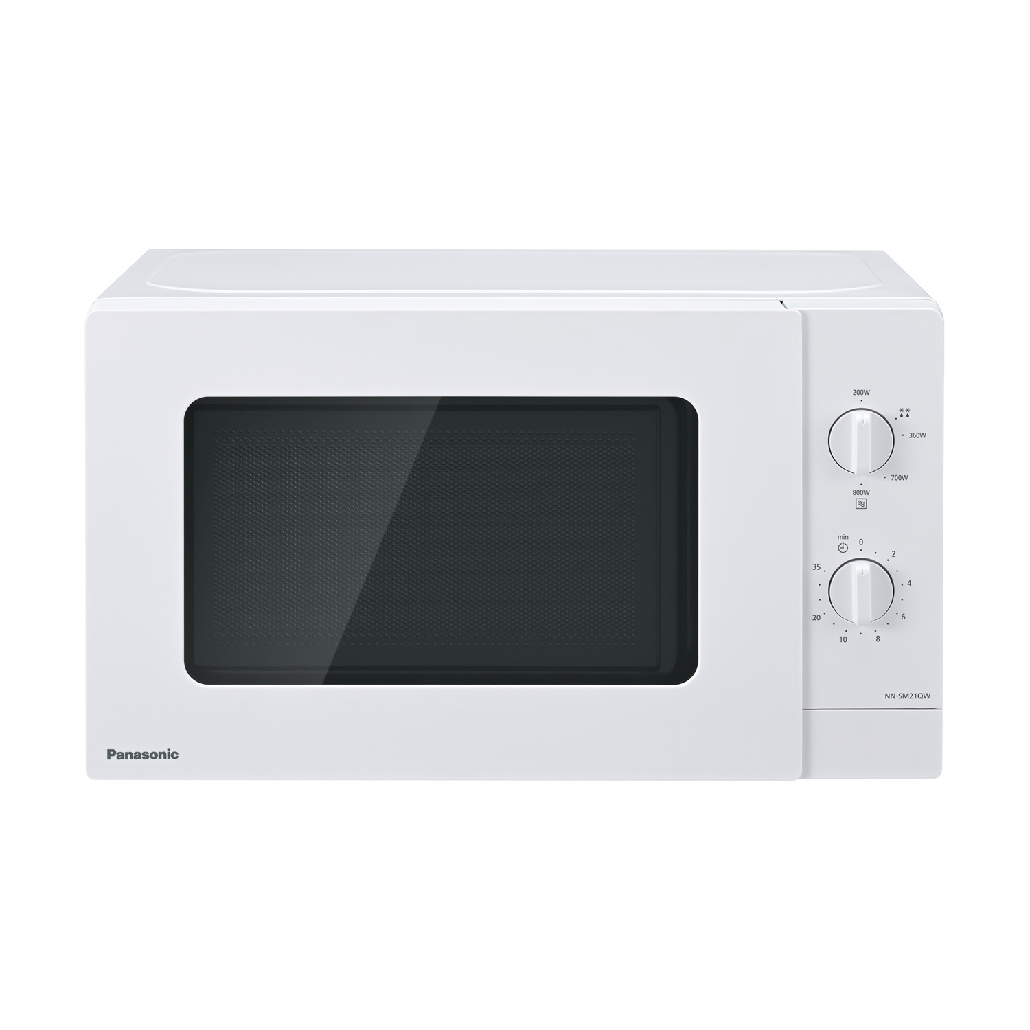 Forno a microonde Panasonic bianco con porta nera e manopole per potenza e tempo.