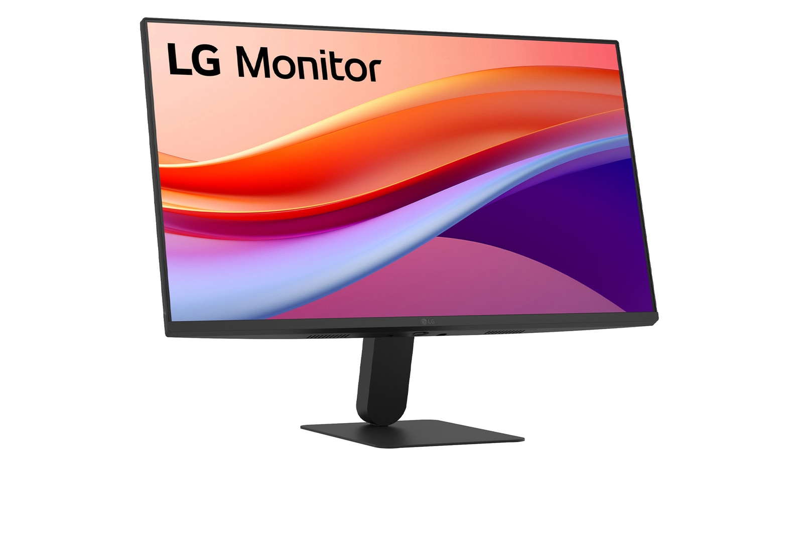 Egy LG monitor színes, absztrakt háttérrel, fekete állványon.