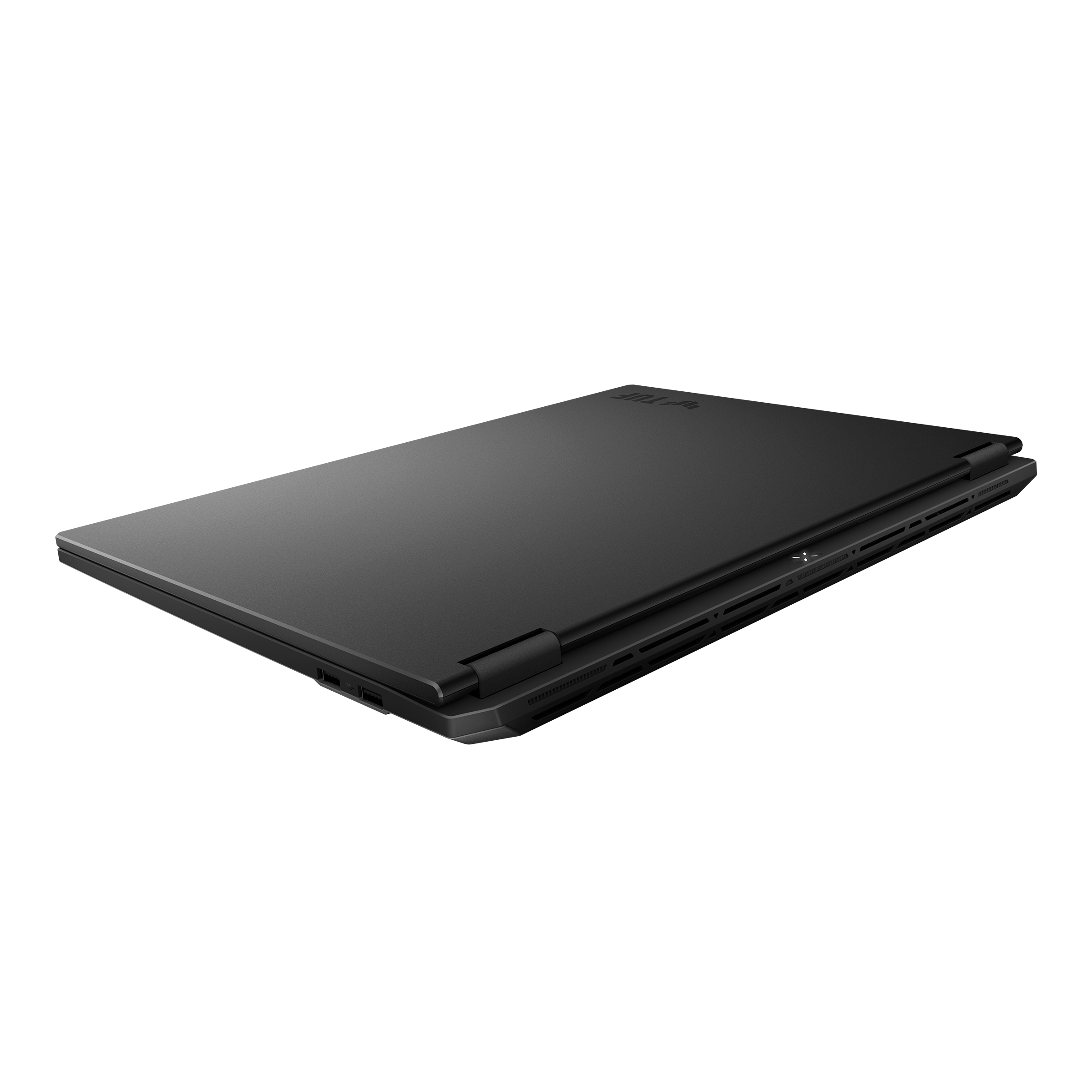 Zamknięty czarny laptop z logo TUF, widok z boku.
