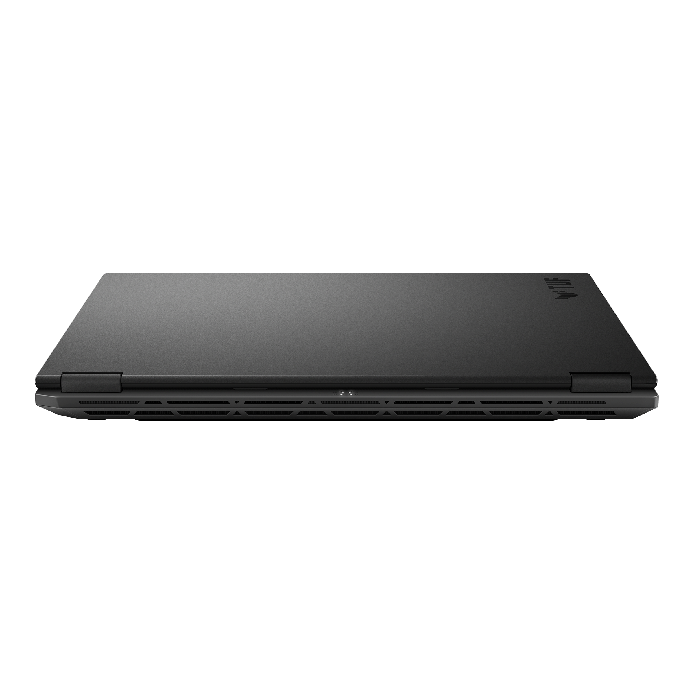Zamknięty czarny laptop z otworami wentylacyjnymi i logo.