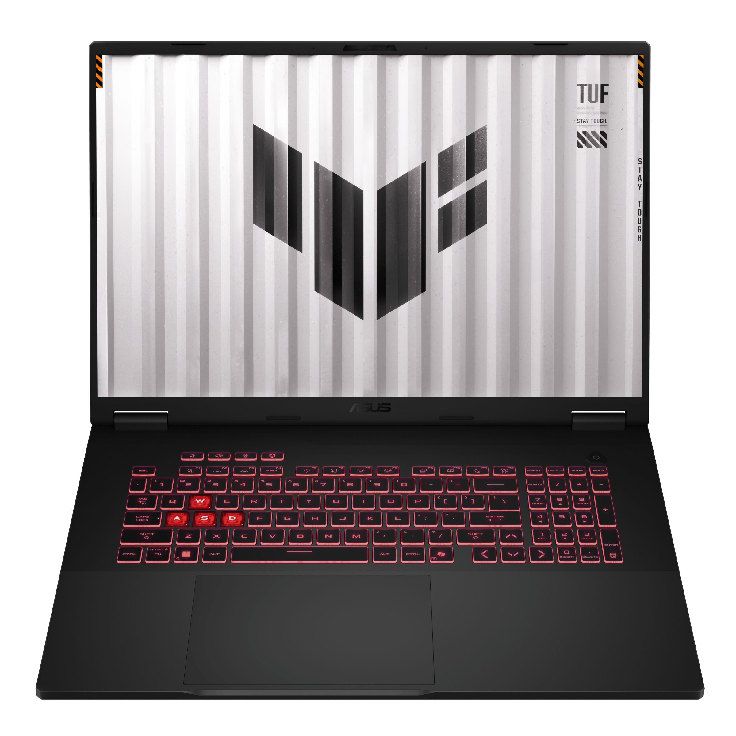 Otwarty czarny laptop z podświetlaną na czerwono klawiaturą i logo TUF.