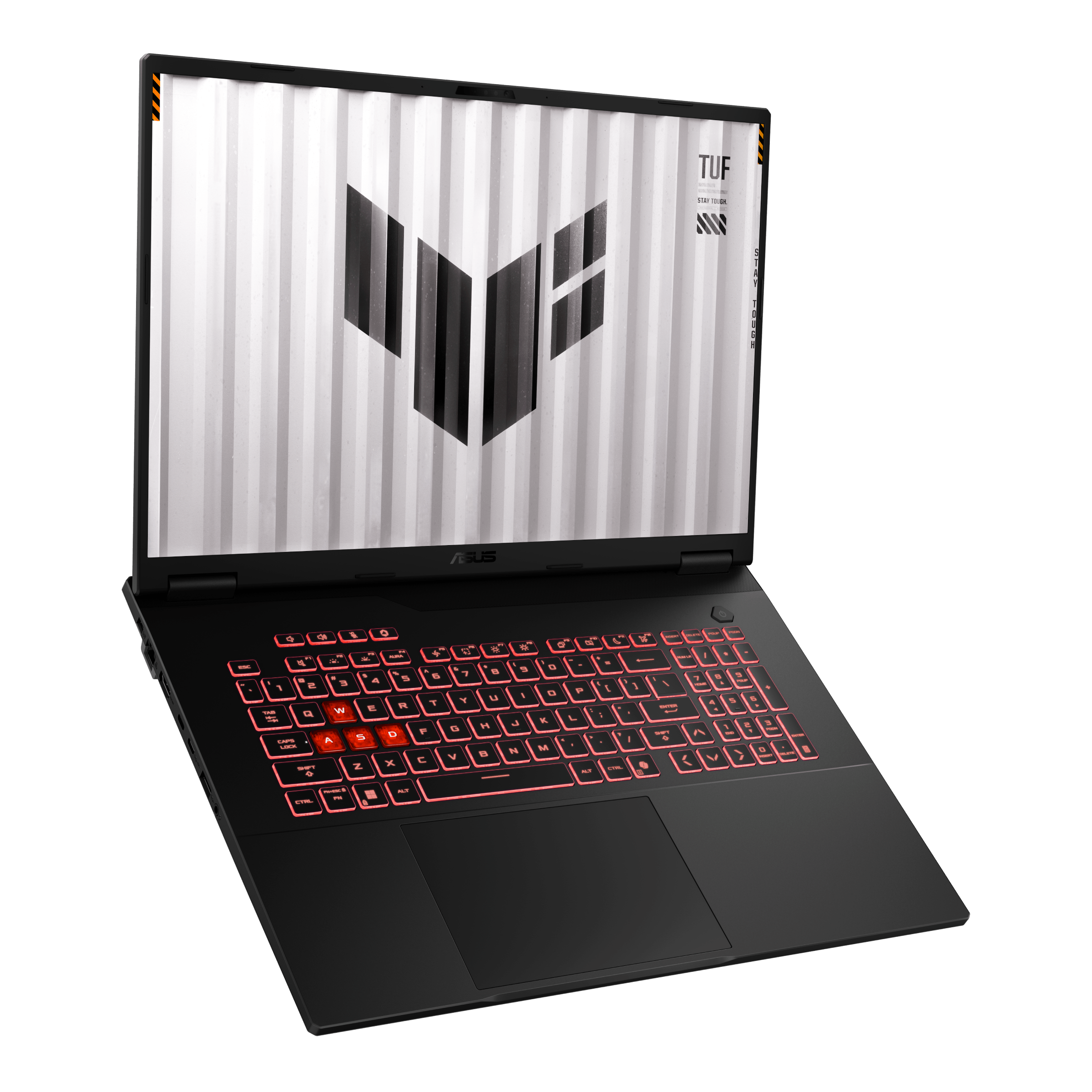 Czarny laptop z czerwoną podświetlaną klawiaturą i logo TUF na ekranie.