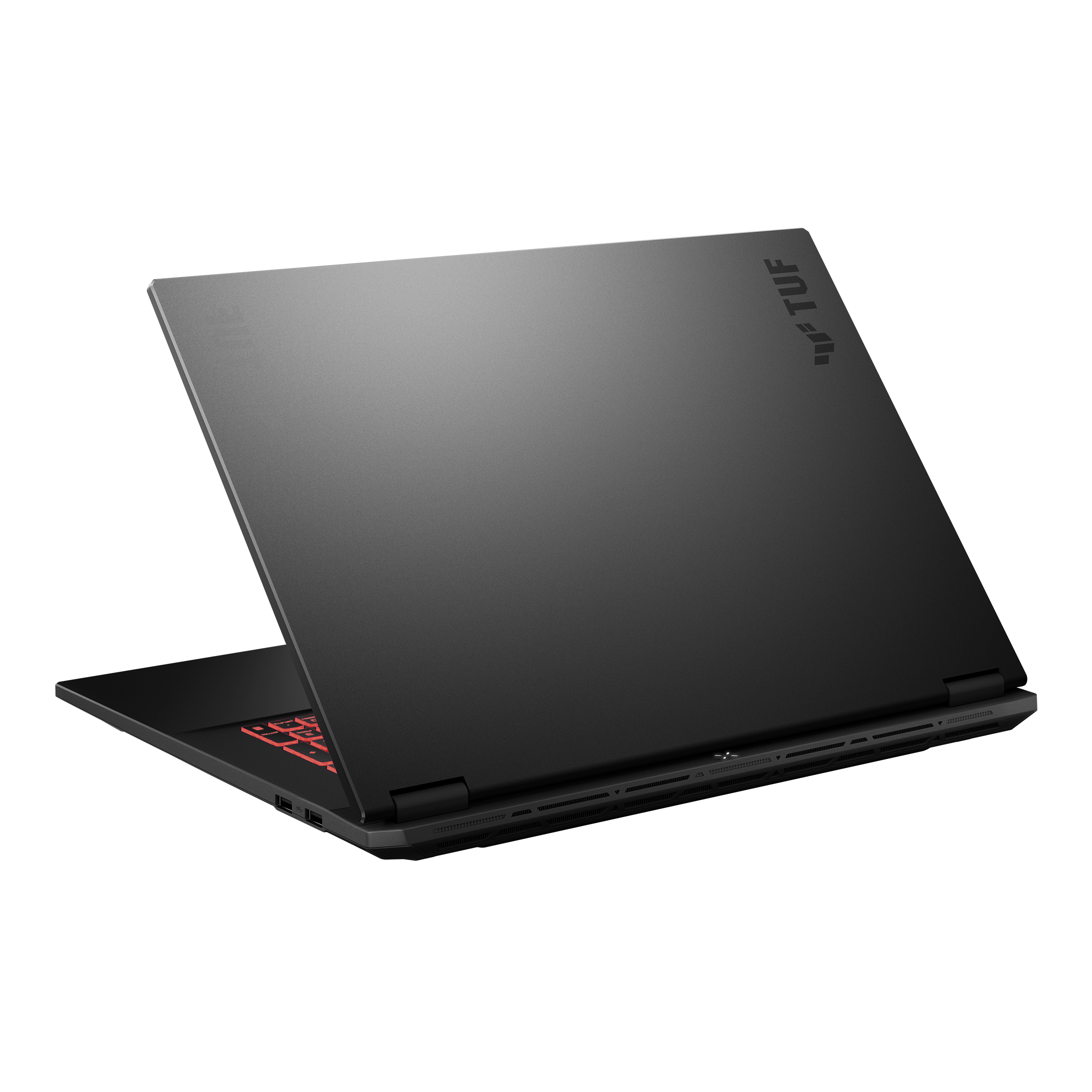 Otwarty czarny laptop z czerwonym podświetleniem klawiatury.