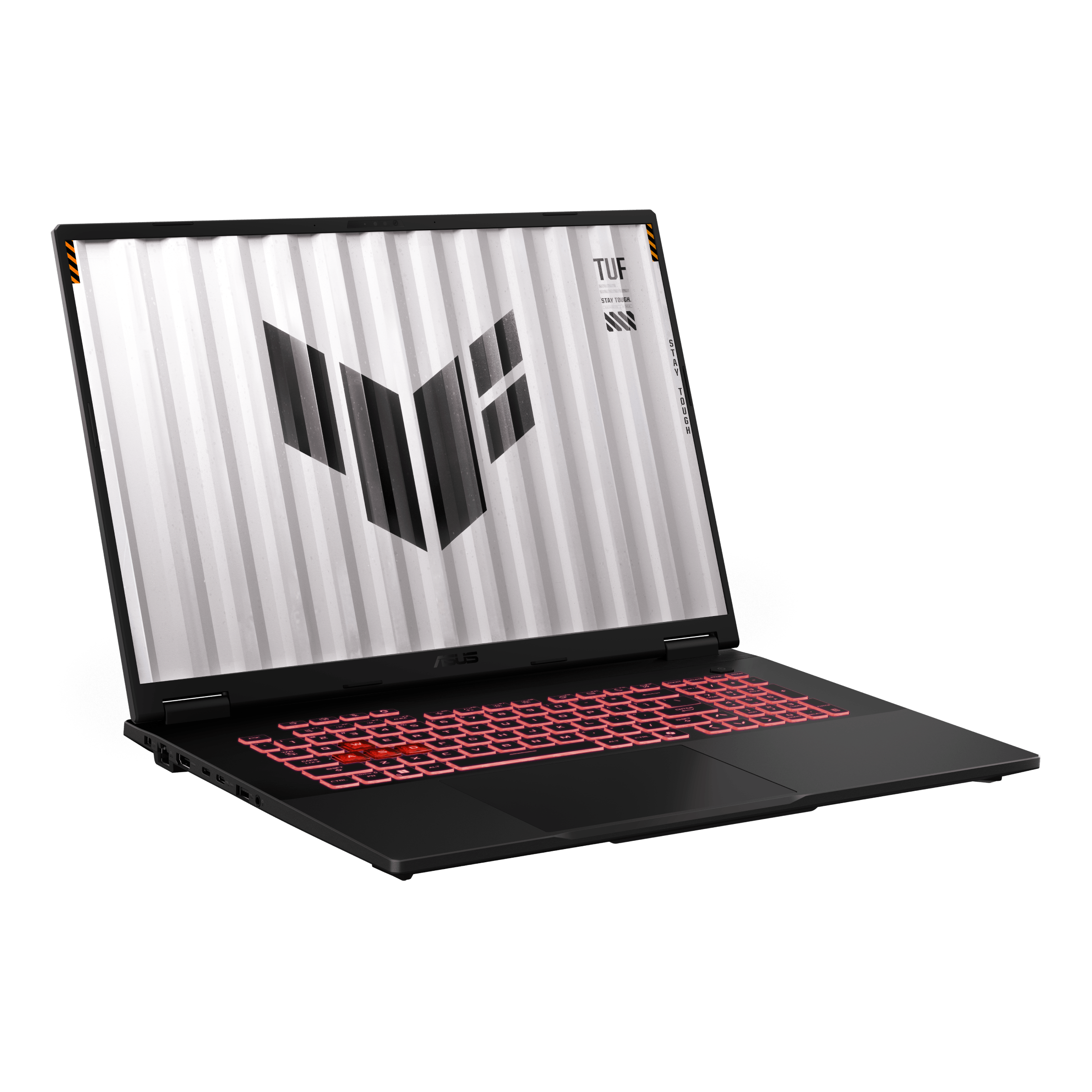 Czarny laptop z podświetlaną klawiaturą i białym tłem w paski.