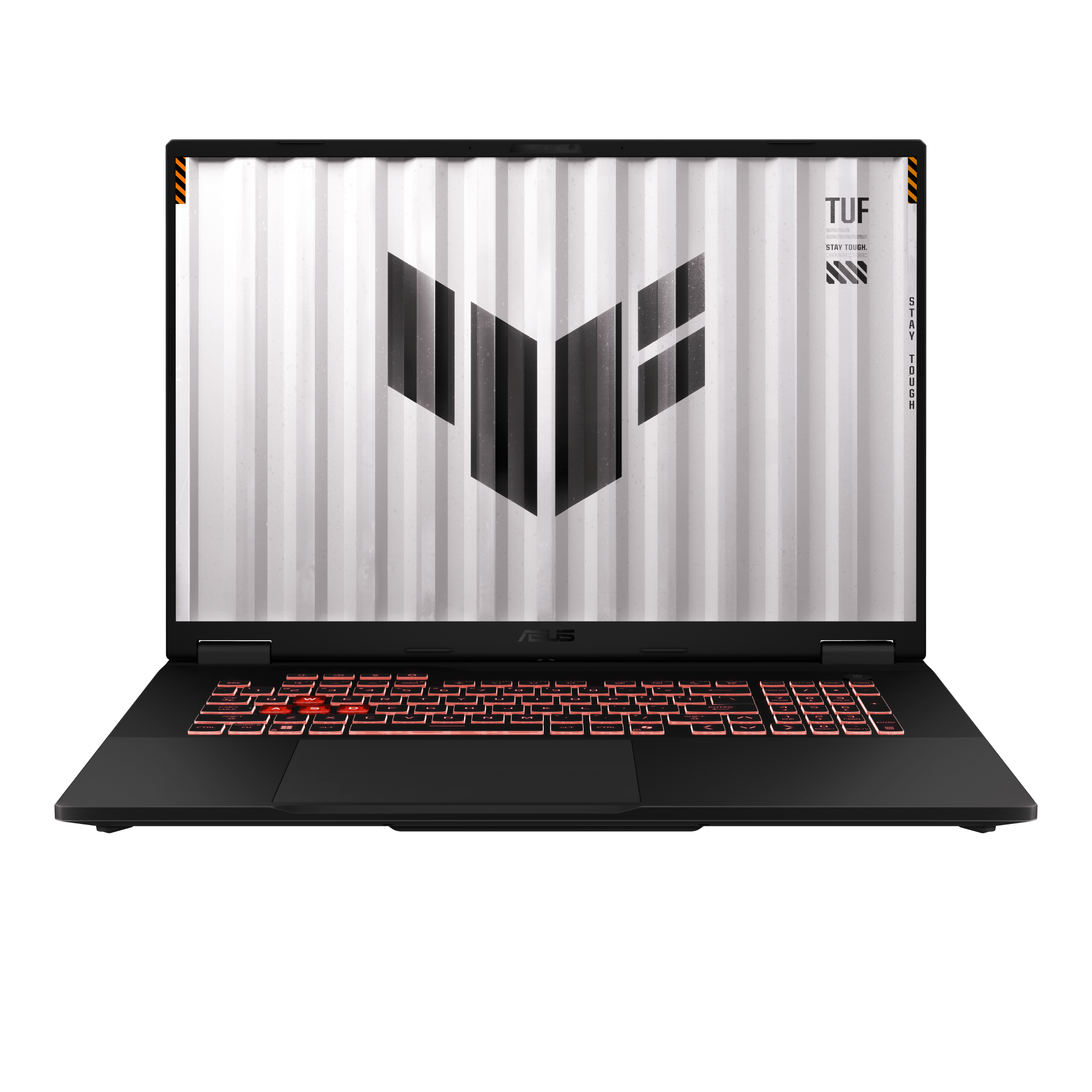 Czarny laptop z podświetlaną klawiaturą i logo TUF na ekranie.