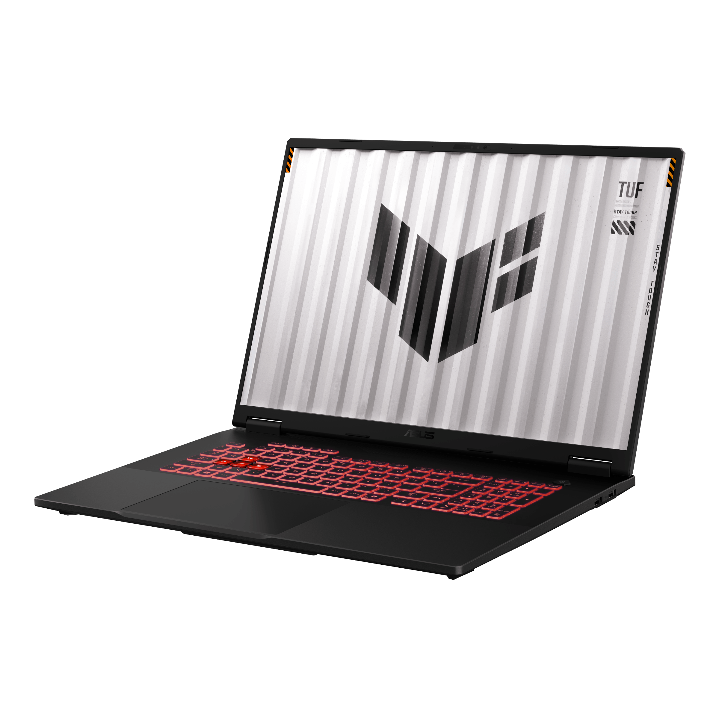 Czarny laptop z jaskrawoczerwoną klawiaturą na czarnym tle.
