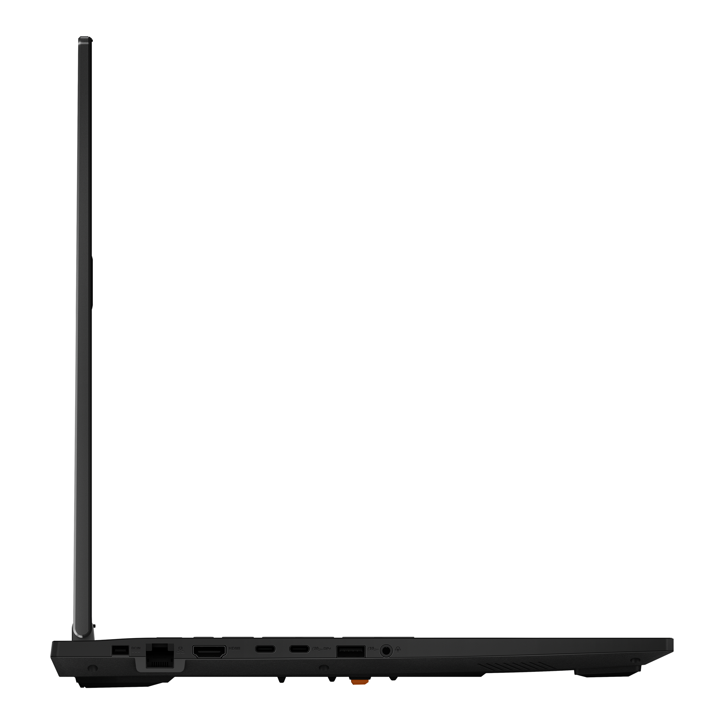 Bok czarnego laptopa z portami: USB-C, HDMI, DCIN, Ethernet, USB-A.