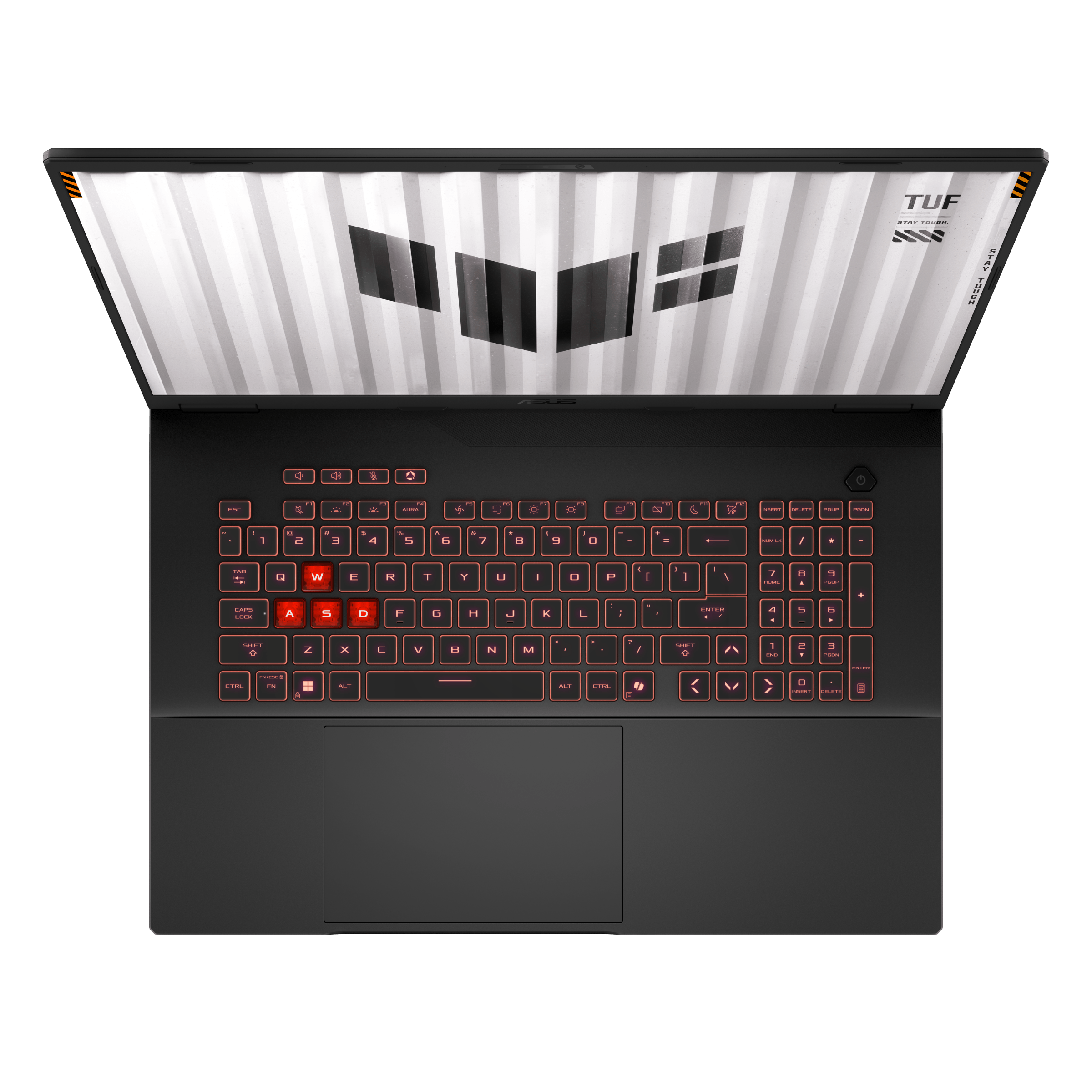 Czarny laptop z podświetlaną klawiaturą i białym ekranem.