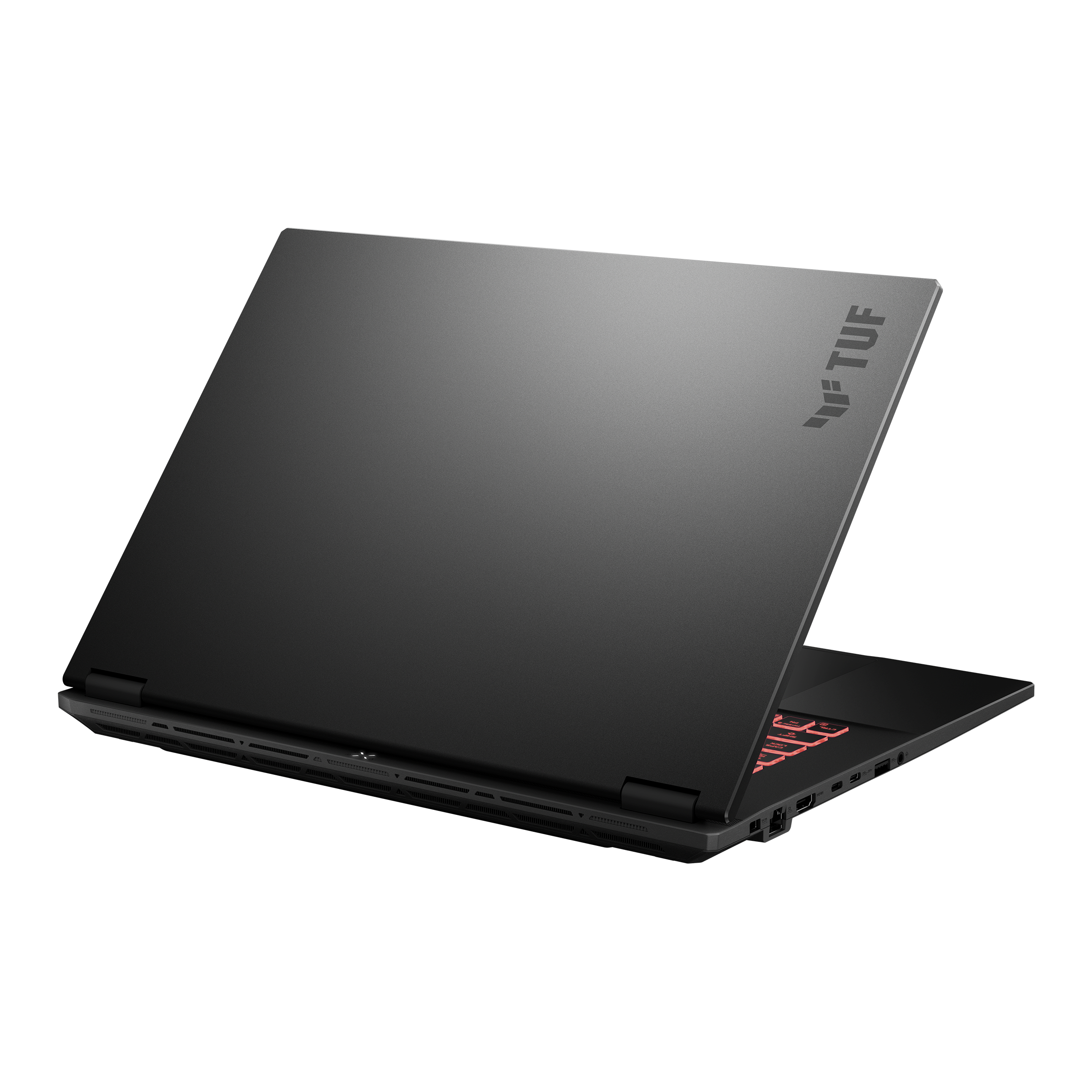 Czarny laptop z podświetlanymi klawiszami i logo TUF, pokazany pod różnymi kątami.
