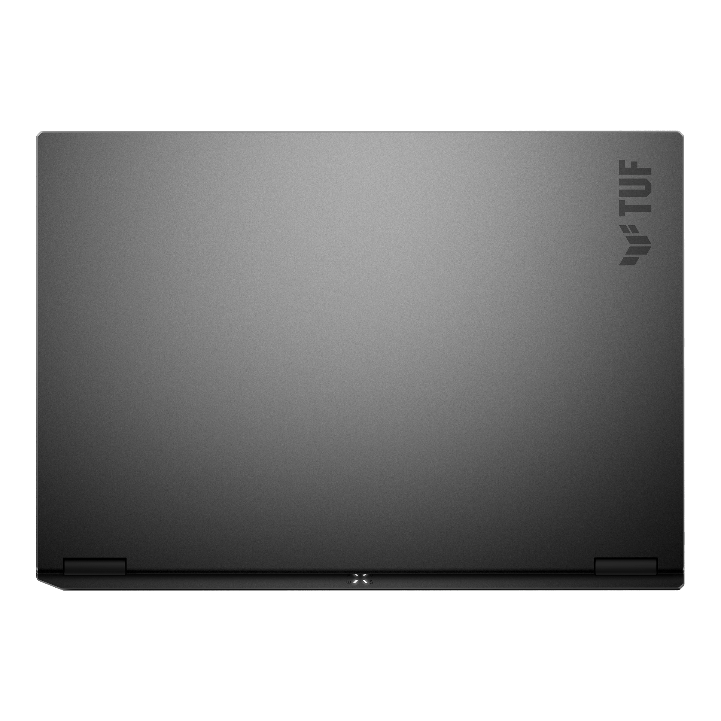 Zamknięty szary laptop z logo TUF na górnej pokrywie.
